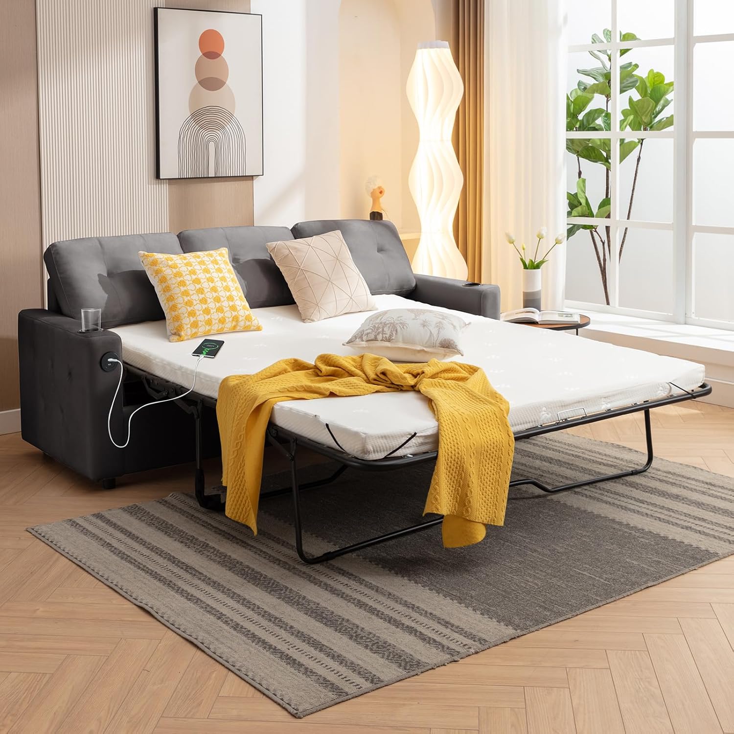 MUZZ Pull Out Couch Bed, 2 in 1 Sleeper Sofa Bed with Cup