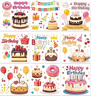 PLIGREAT 9 Sheets Birthday Rub on Transfer for Crafts, 6" X 6" Cute Cake Furniture Transfer Decals Birthday Balloon Rub on Stickers for Wood Drawer Cabinet Ceramic Scrapbook Journal Decorative