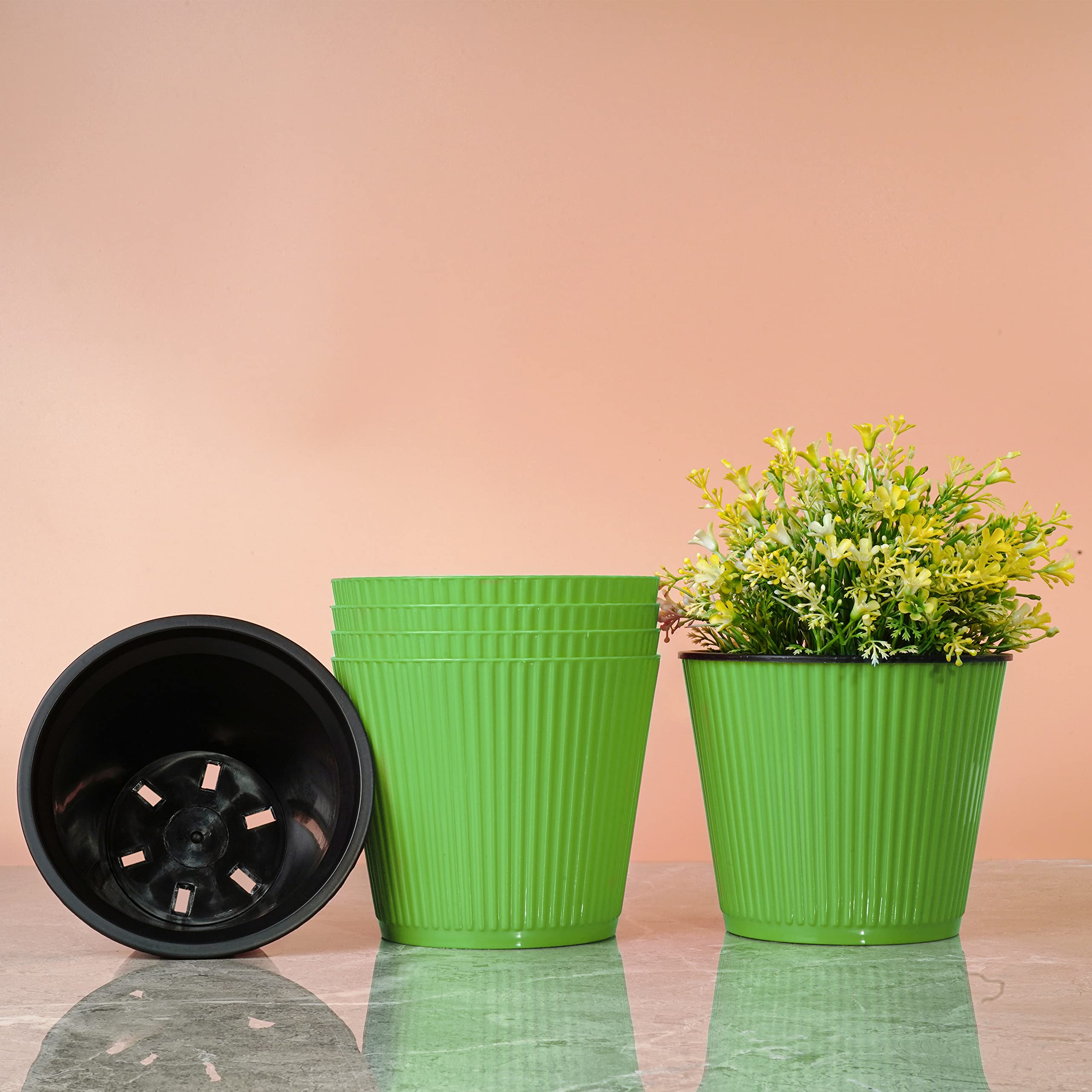 Livzing 6 inch Plastic Flower Pots Self Watering Pot with Drain Holes Gamla Gardening Plant Pot for Home Decor Planters for Indoor&Outdoor Plant Container Set Balcony-Terrace (Pack of 5, Green)