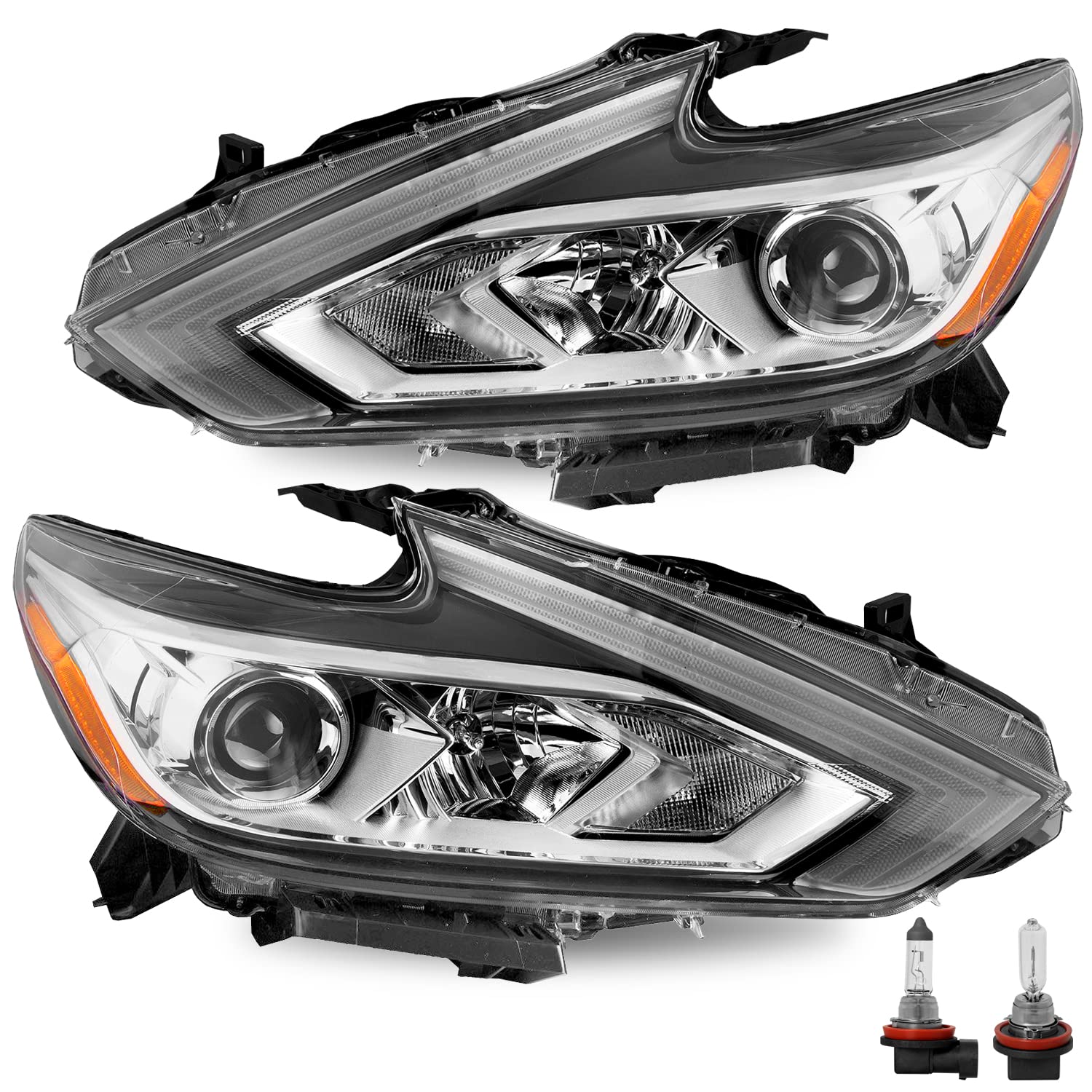 Headlight Assembly Compatible with 2016-2018 Nissan Altima without LED DRL Halogen Headlamp Passenger and Driver Side (Bulbs Included)