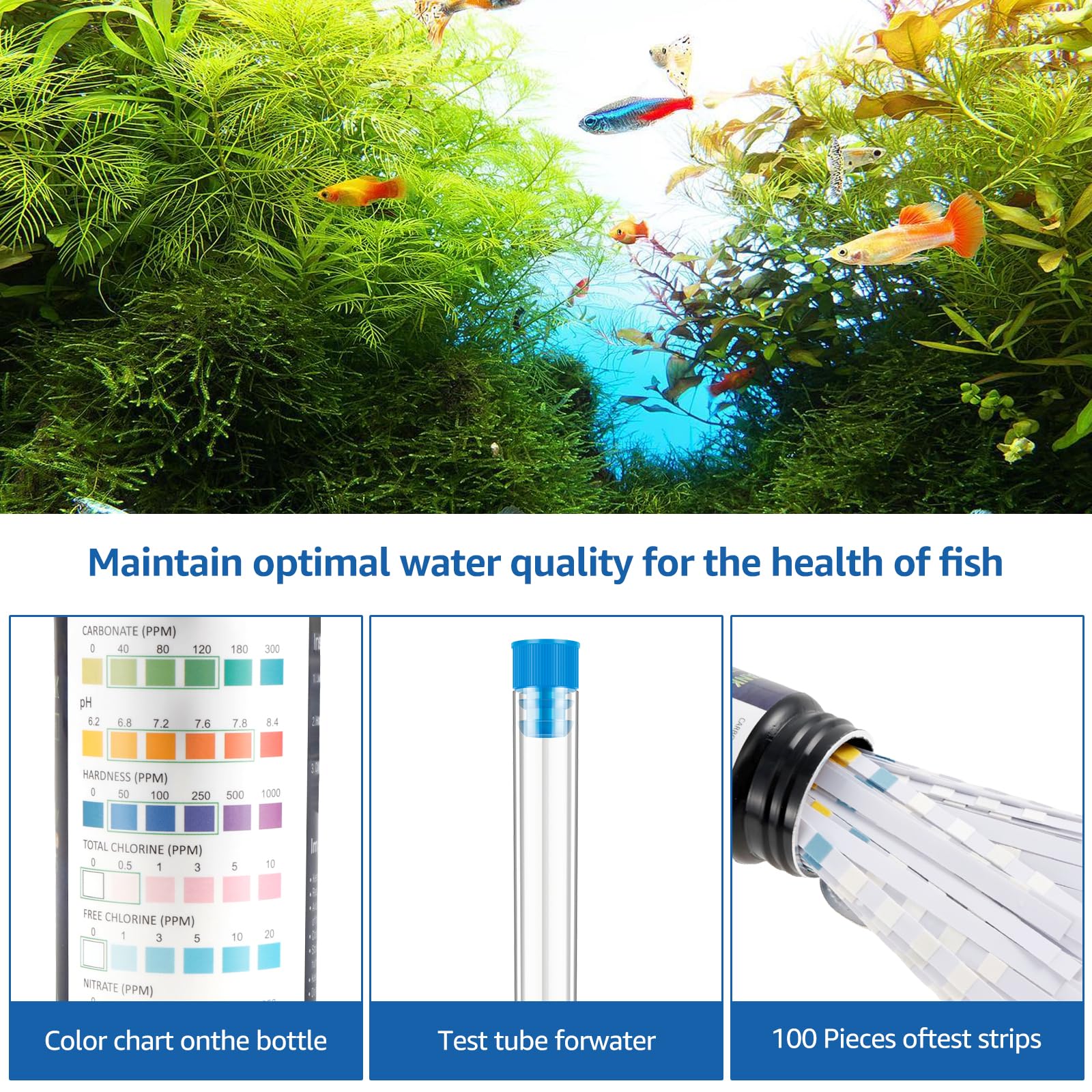 100 Stück Aquarium-Teststreifen für Aquarien, schnell und präzise, mit Reagenzglas, Wassertest-Kits, Aquarium-Teststreifen für Karbonatwurzel, pH-Härte