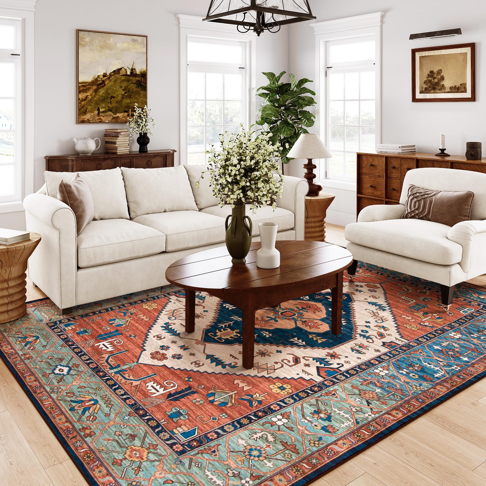 Lahome Area Rugs 9x12 Living Room - Boho Non-Slip Washable Rug Ultra-Thin Stain Resistant Large Carpet Throw Non Shedding Dining Room Mat, Oriental Print Carpet for Bedroom Guest Room (Rust, 9'x12')