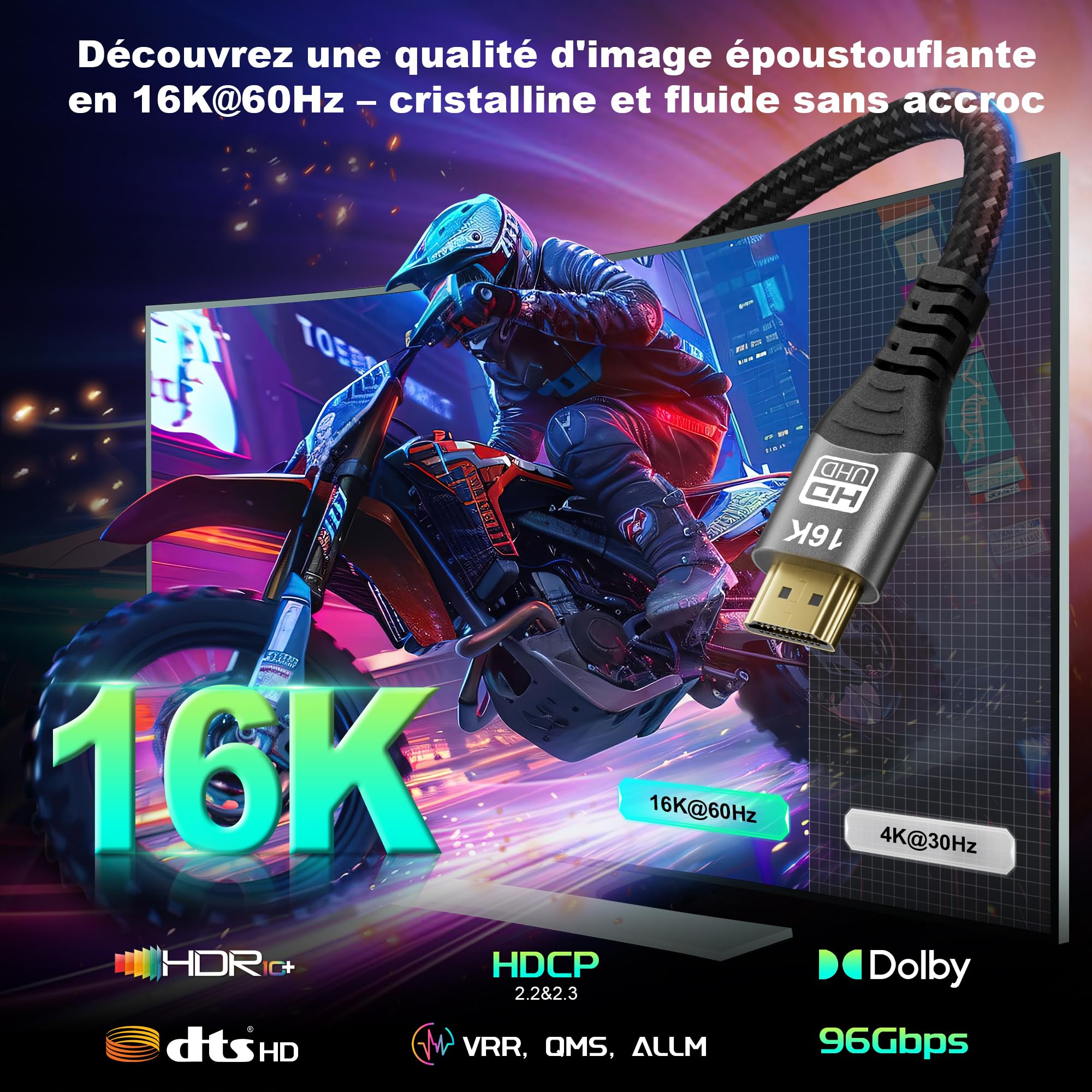 CAKOBLE Câble HDMI 2.2 2m, 96Gbps Ultra-High-Speed, 16K@60Hz,12K,8K@240Hz,4K@480Hz, pour câble hdmi 2.1 eARC, HDR10+, Dolby Atmos/Vision, HDCP 2.3, pour PS5, Xbox, Soundbar, Fire TV, Laptop, HDTV