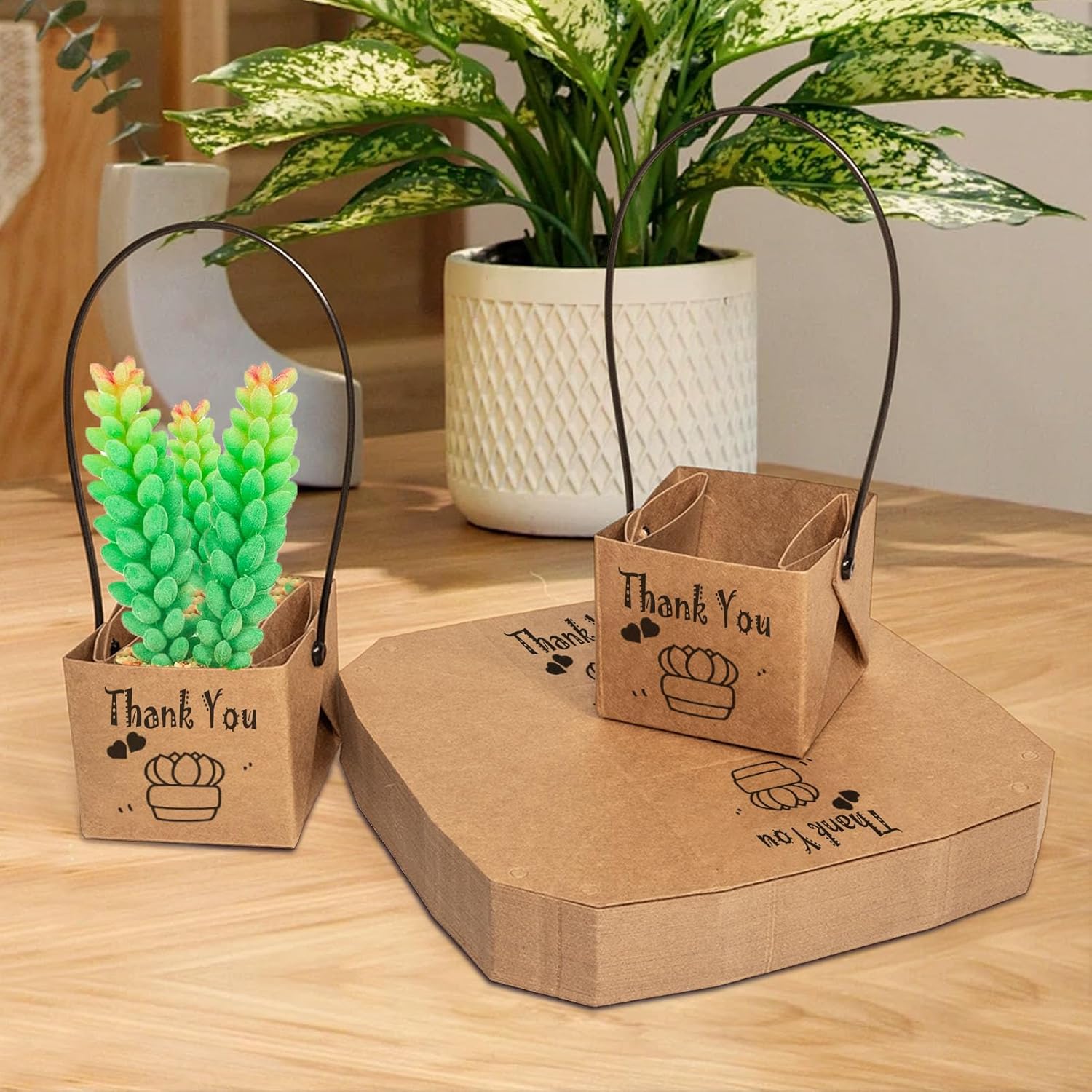 100PCS Thank You Succulent Wrap, Fits 2 Inch Pots Succulent Wrap Bag with Plastic Handle Kraft Paper Sleeve Succulent Tags for Shower Party Favors Ideas (100PCS-Thank You)