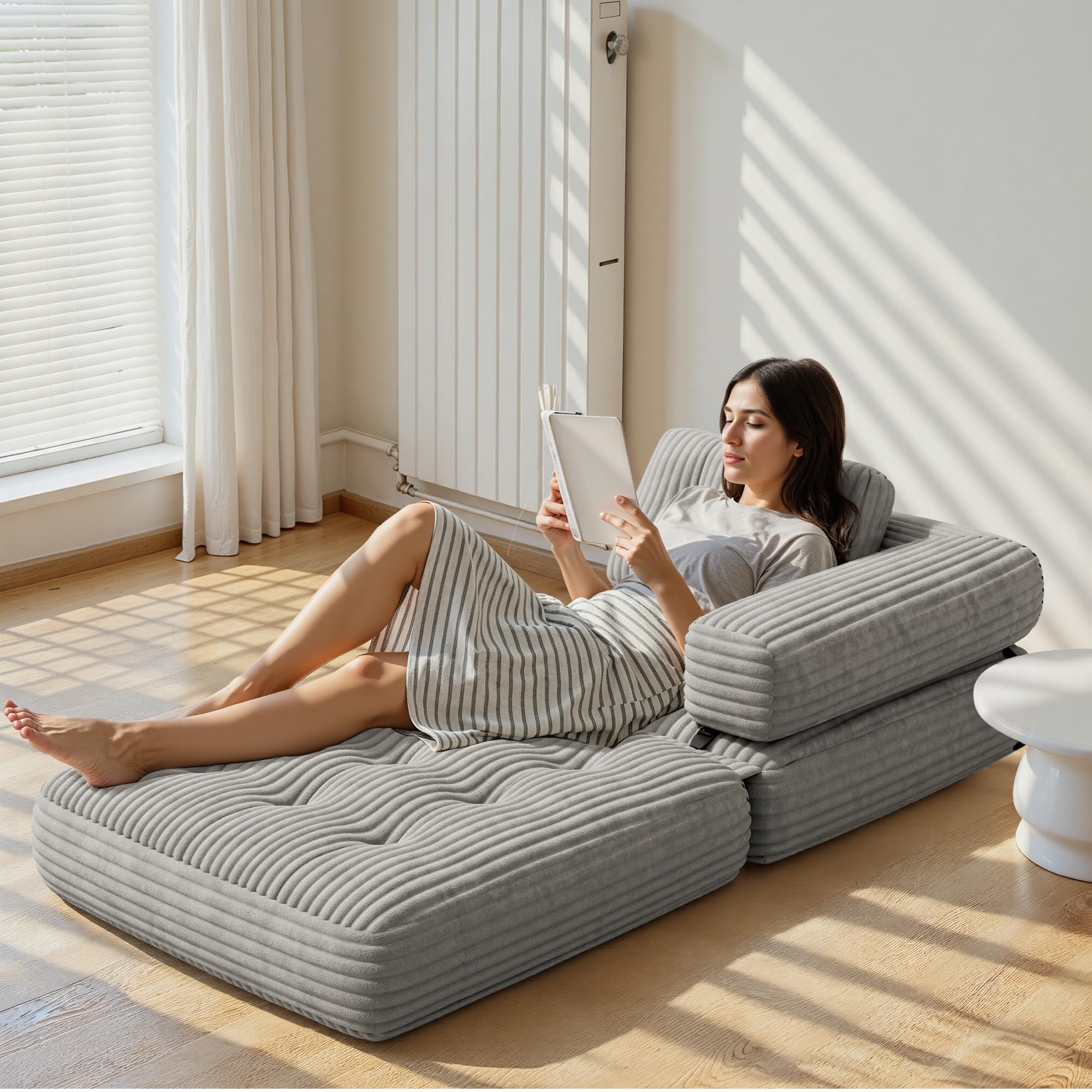 Xbro Divano Letto Pieghevole Singolo Compatto in Velluto a Coste con Poggiatesta a L, Poltrona Letto Salvaspazio per Soggiorno Ufficio Ospiti, 85x85-170x85 cm, Grigio Chiaro