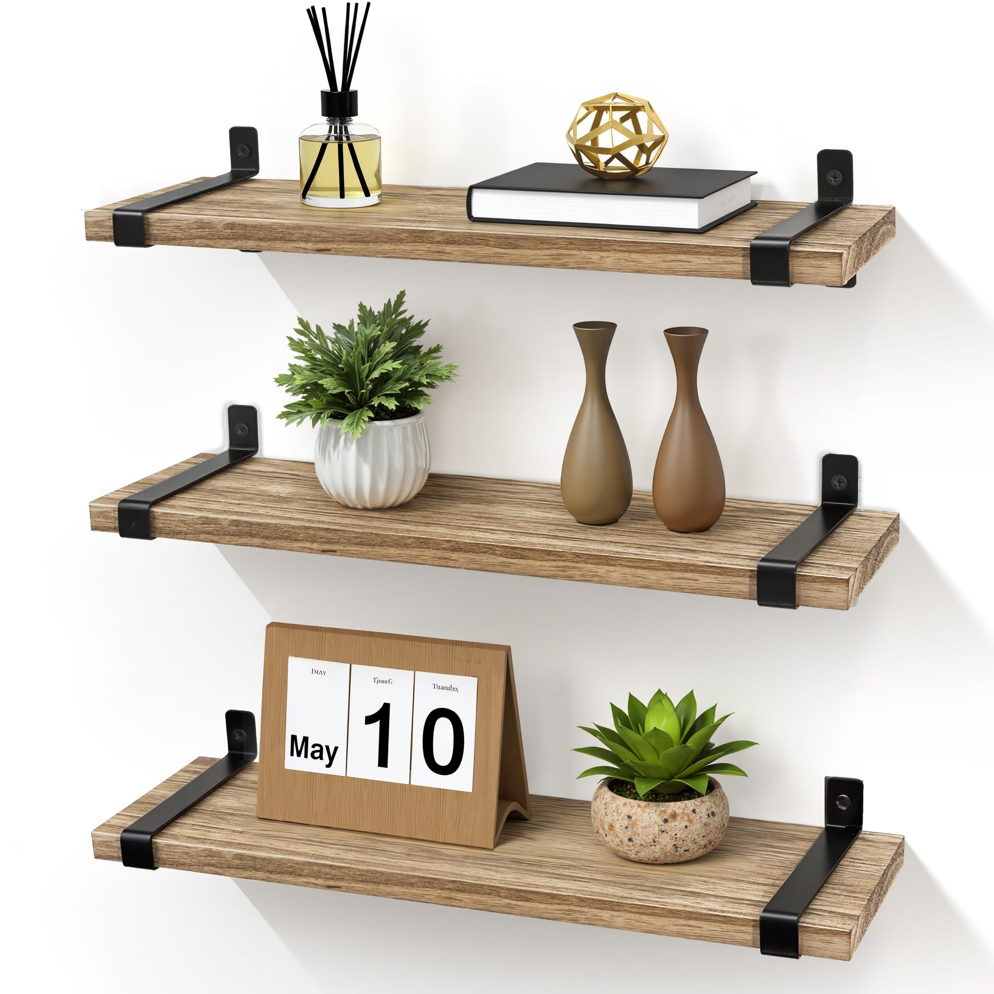 Rustic Floating Shelves for Wall, 40cm Wooden Wall Mount Bookshelves Hanging Organizer Storage Shelf Farmhouse Wood Decor for Living Room Kitchen Bedroom Bathroom Set of 3, Carbonized