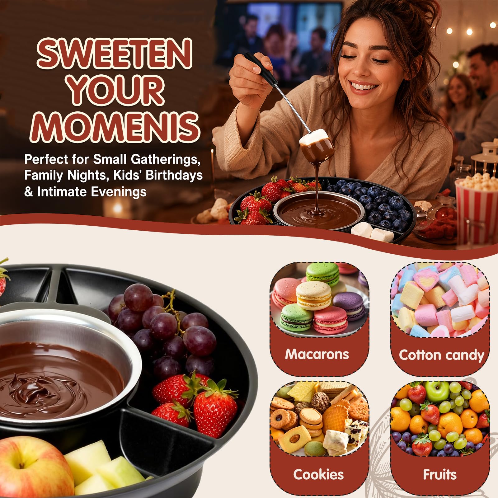 Set à Fondue au Chocolat Électrique 260 ML, Pot à Fondue Chocolat avec 2 Niveaux de Température, Casserole Amovible en Aluminium, Appareil à Fondue avec 4 Fourchettes, pour Fruits et Desserts