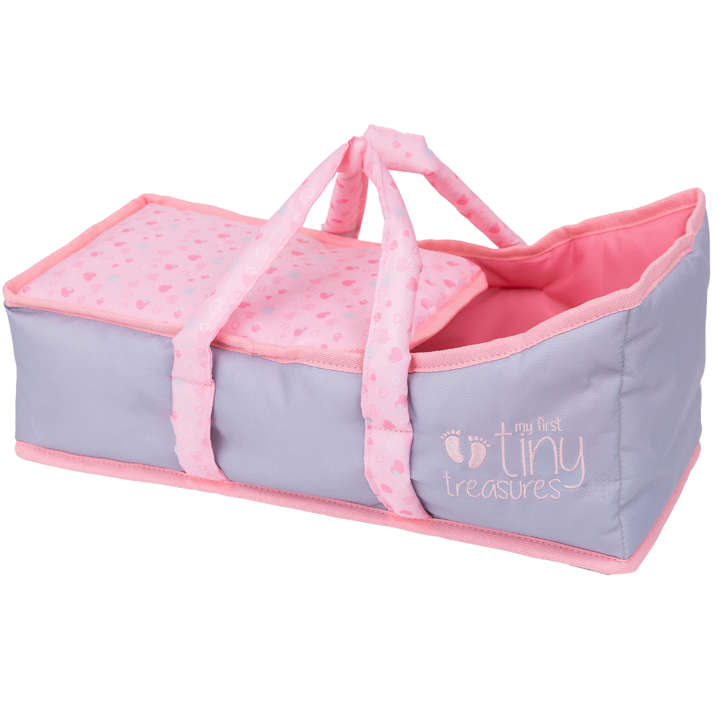 My First Tiny Treasures Baby Doll Carry Cot for 36cm Dolls – Soft Padded Doll Carrier with Pillow, Heart Print Design & Doll Accessories