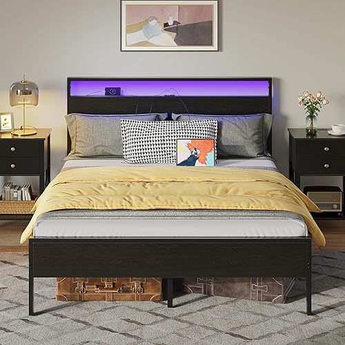 Miniatura 10 de Rolanstar Base de cama tamaño individual con estación de carga, base de cama individual LED con cabecera de almacenamiento tapizada, cama de