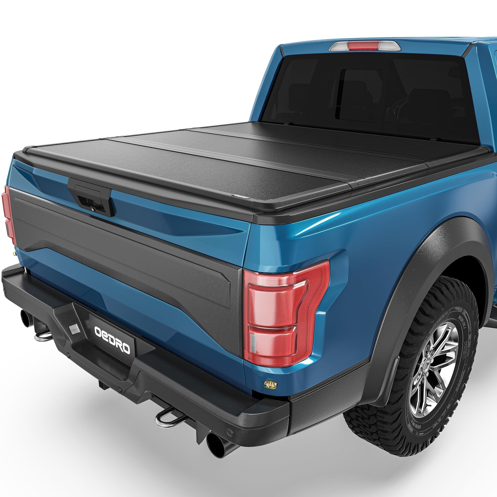 OEDRO FRP Hard Tri-fold Tonneau Cover installed on a Ford F150 truck bed.