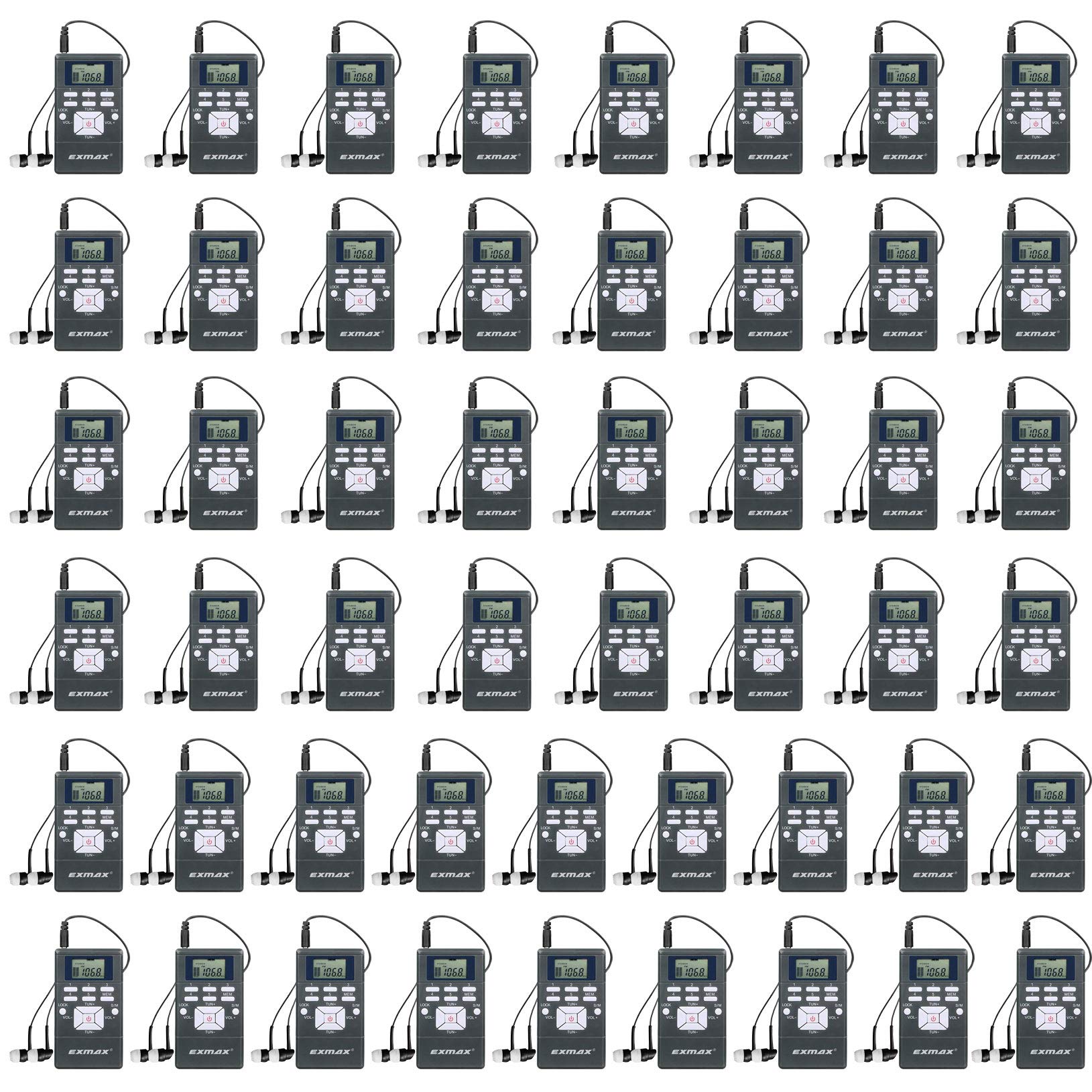 EXMAX® EXG-108 Wireless Portable Pocket DSP FM Stereo Radio Digital Receiver with Mini LCD Clock Earphone for Tour Guide System Teaching Meeting - 50 Pack (Gray)