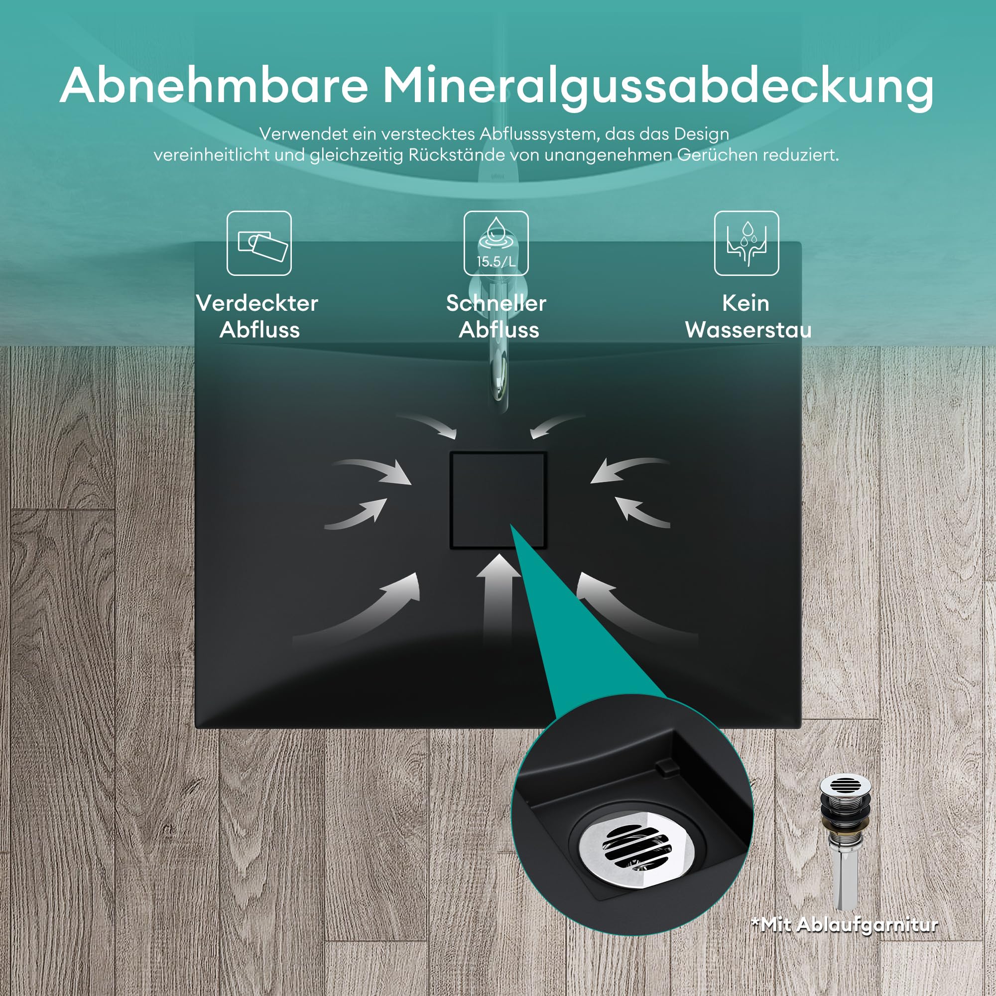 Mai & Mai Lavabo da Appoggio 60x48x10cm, Lavabo Bagno Sospeso Lavandino Bagno Rettangolare Colossum810 Marmo fuso, Nero Opaco
