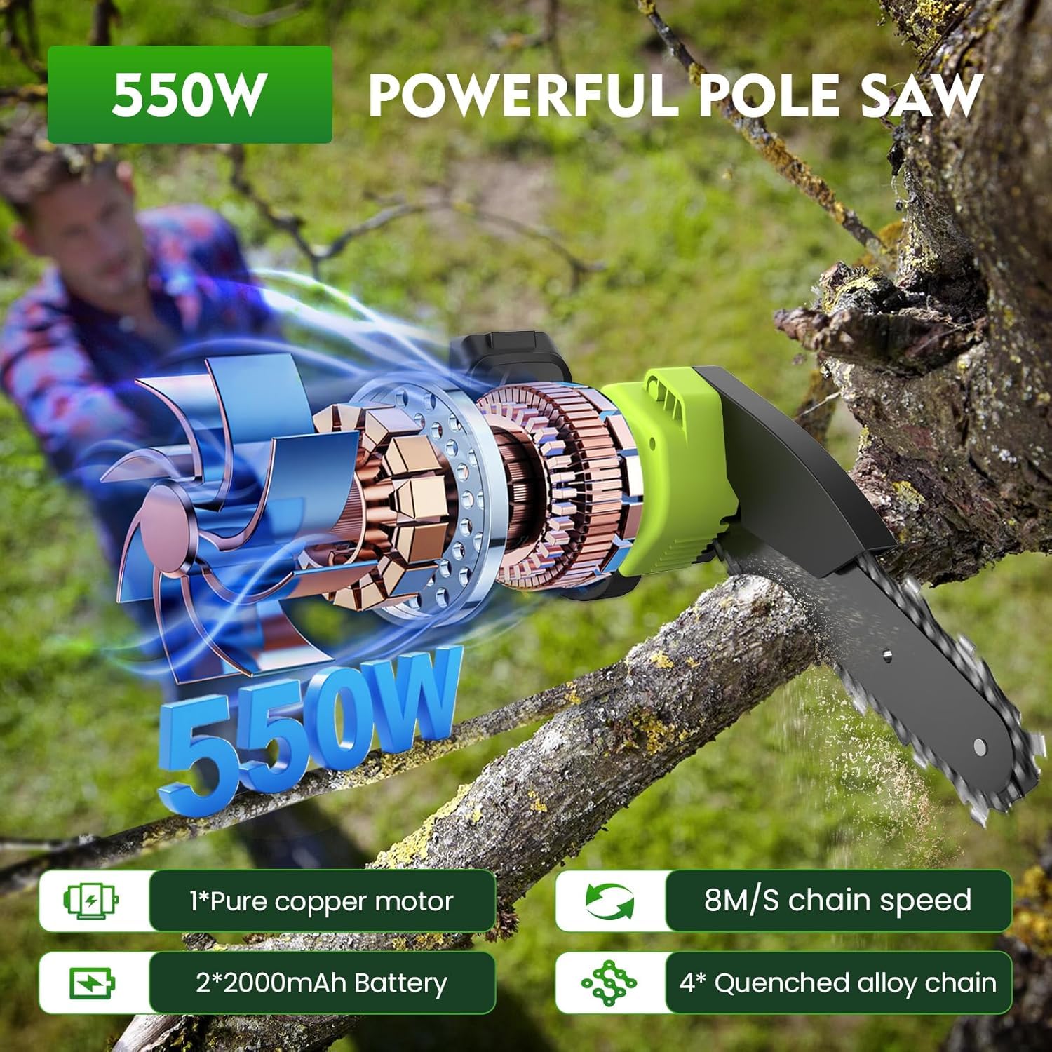 Motosierra y Cortasetos Batería con Pértiga Telescópico, 4 en 1 Eléctrica Herramientas de Jardín con 4 Cadenas Reemplazables, 2 4000 mAh Baterías, Gafas, Guantes para Cortar Jardines Arbusto y Ramas