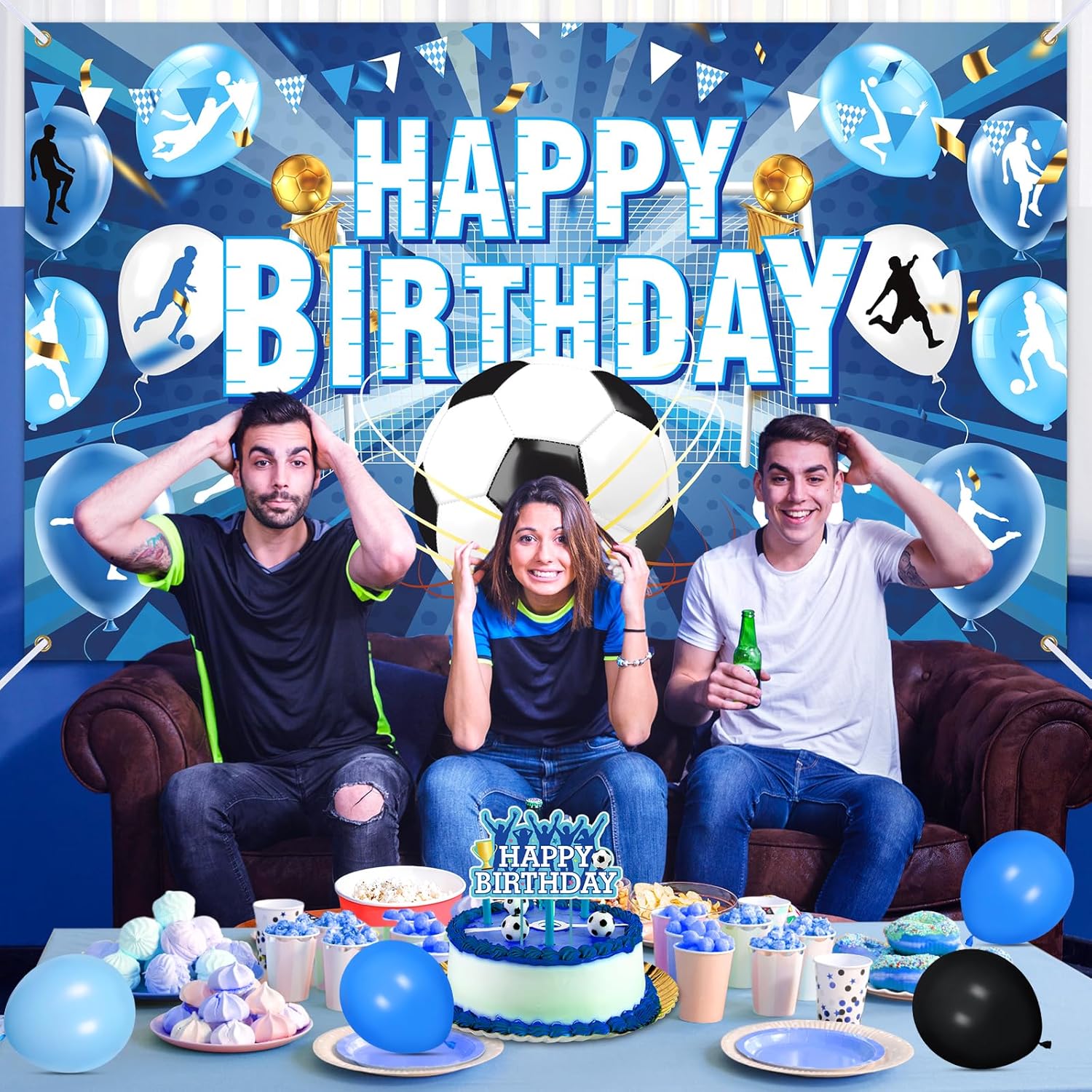 Blue Soccer Happy Birthday Banner - Large Sport Football Birthday Backdrop Background Photo Booth Props for Soccer Ball Theme Party Decorations - Image 4