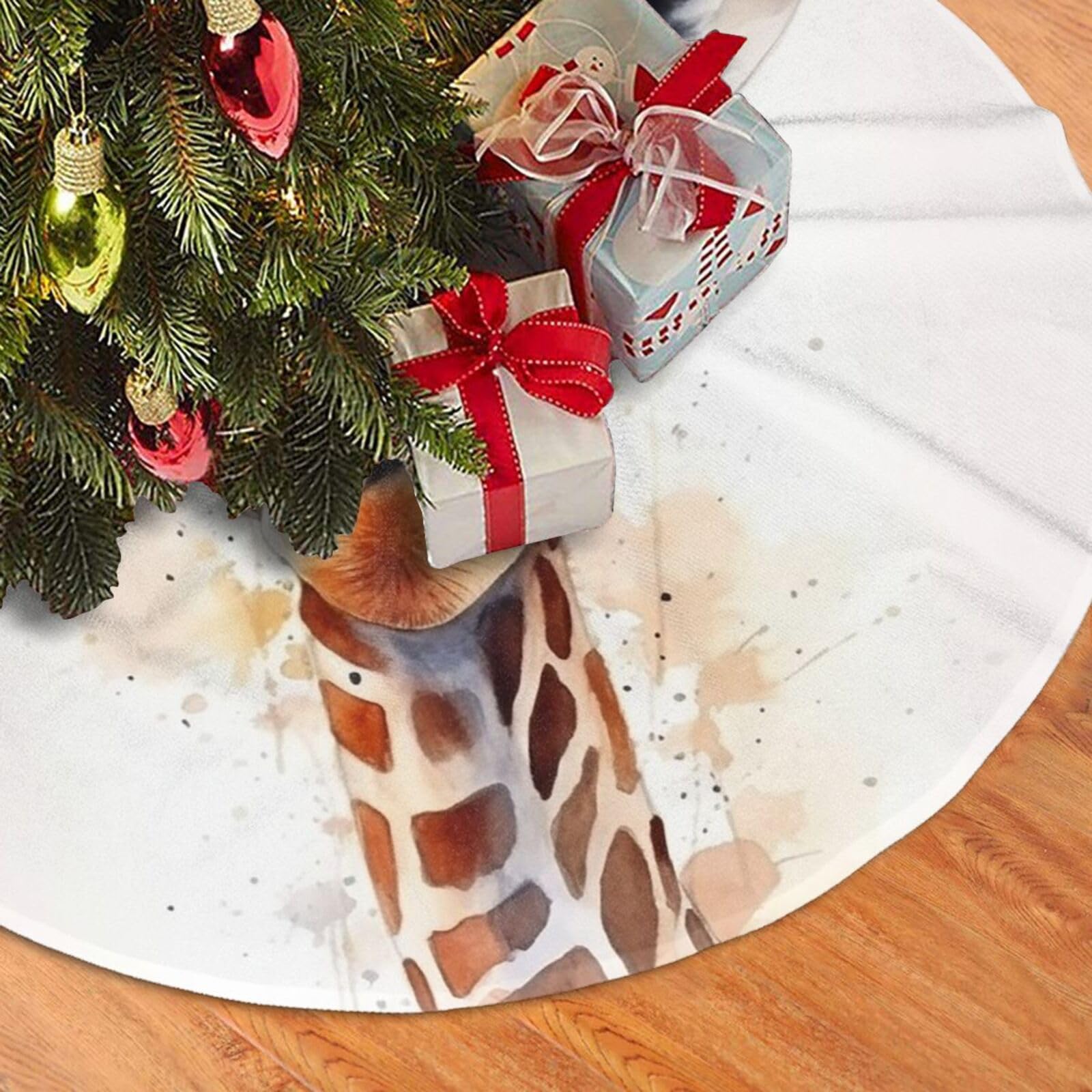 Fodpand Black Stylish Animal Watercolor Giraffe Christmas Tree Skirt 48" Velvet Xmas Tree Skirt Mat Rustic Christmas Tree Mat Cover Winter Xmas Tree Collar For Indoor Outdoor Christmas Decorations