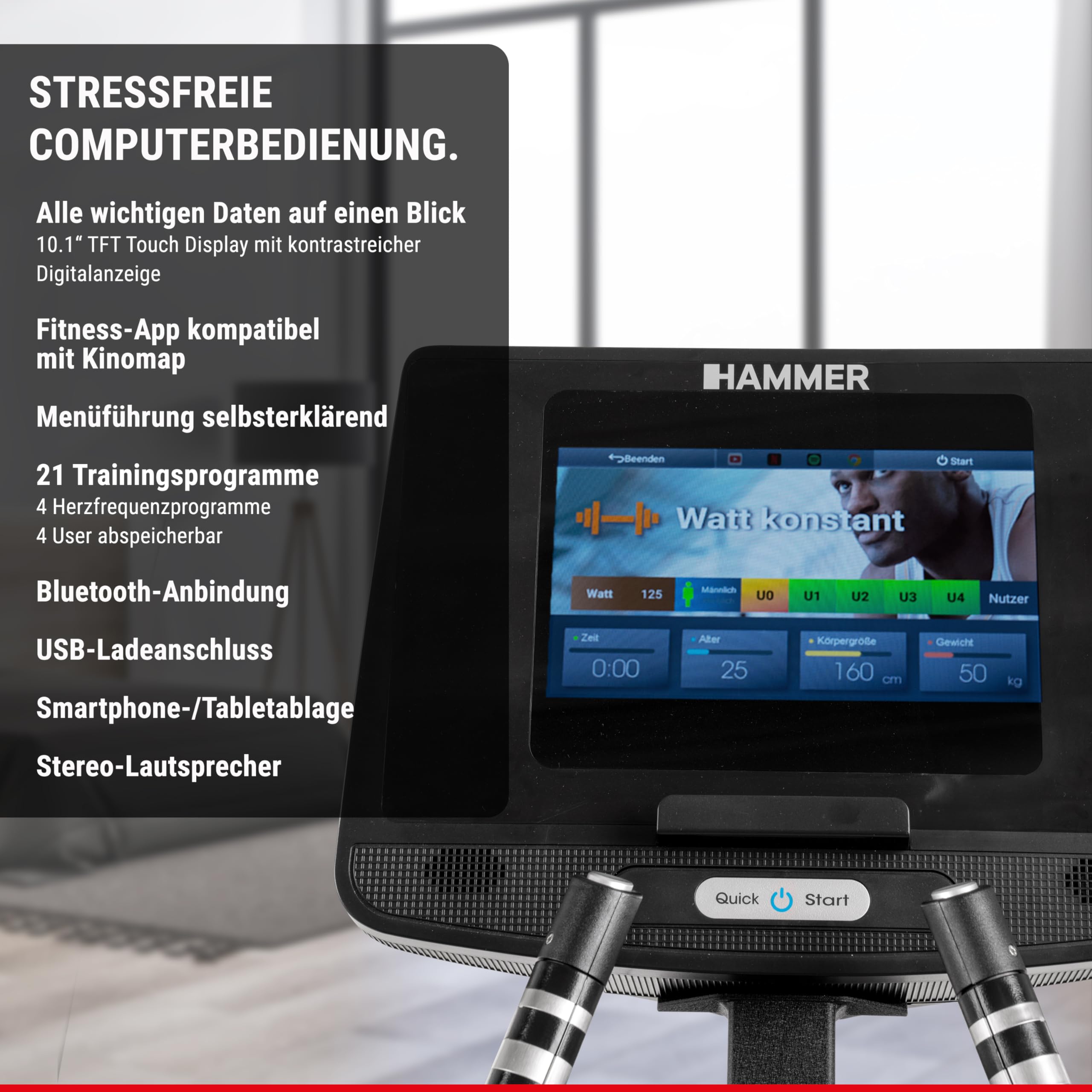 HAMMER Finnlo Ellipsentrainer Fly RX – 21 Programme, Kinomap kompatibel - Trainingsgeräte für Zuhause mit 12 kg Schwungmasse, Frei schwingende Trittflächen, 10" TFT-Touchscreen