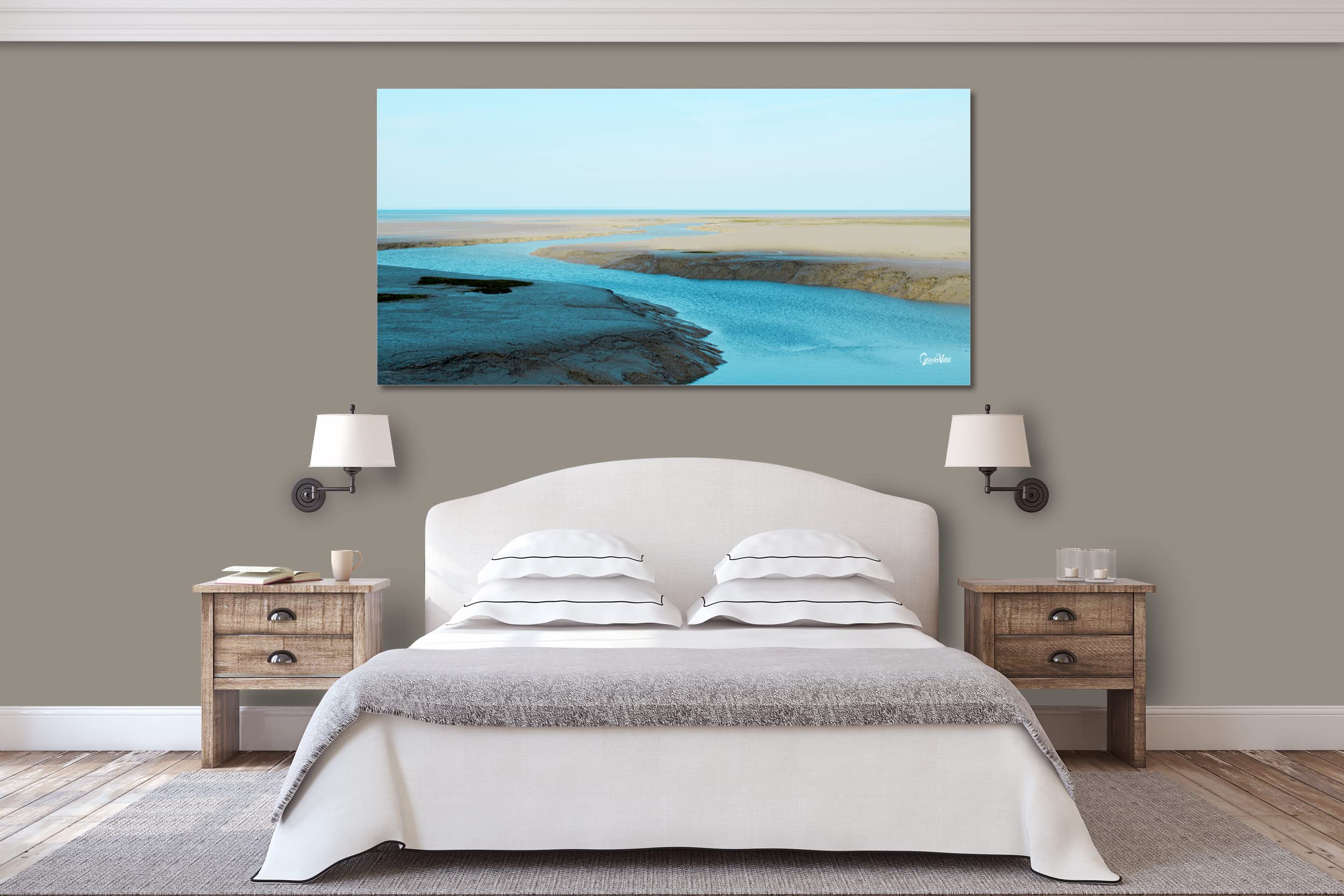 Glücksvilla - Wasserwege am Meer (Leinwand-Bild 2 cm, 160 x 80 cm) | div. Maße - aus DE - Kunstdruck Deko Wandbild quer - Frankreich Bretagne Atlantik Priel Siele Ebbe Flut Küste maritim türkis