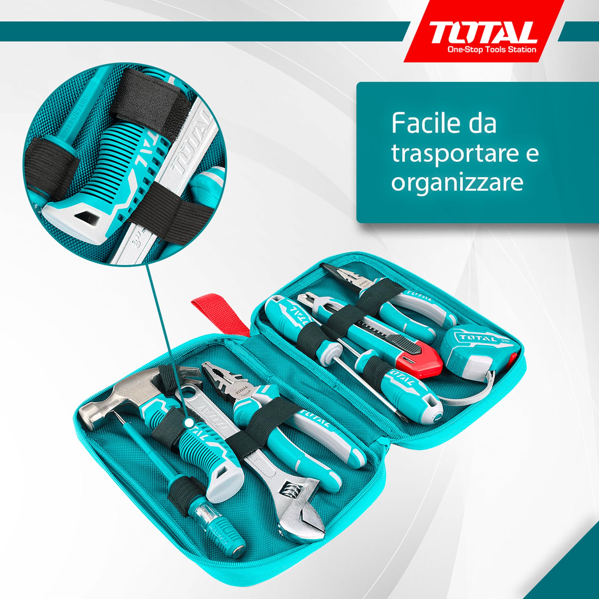Total - Set di 9 Attrezzi in Custodia di Tela - Metro a Nastro, Cacciaviti, Chiave Regolabile, Pinze, Cutter e Mini Martello - Kit di Utensili Perfetto per Casa, Auto o Progetti