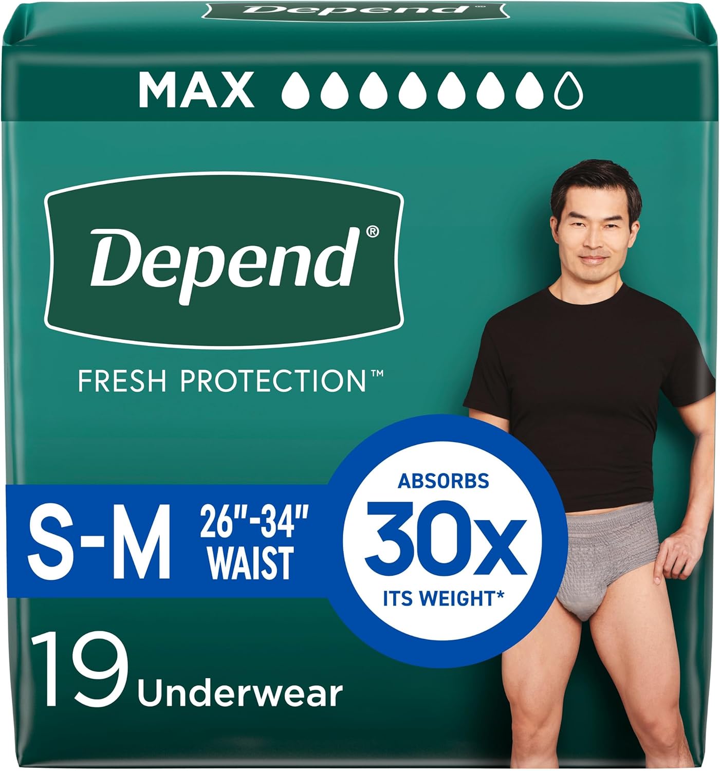 Depend Fresh Protection Adult Diapers, Incontinence Underwear for Men, Disposable, Maximum, Small/Medium, Grey, 19 Count, Packaging May Vary Small/Medium 19
