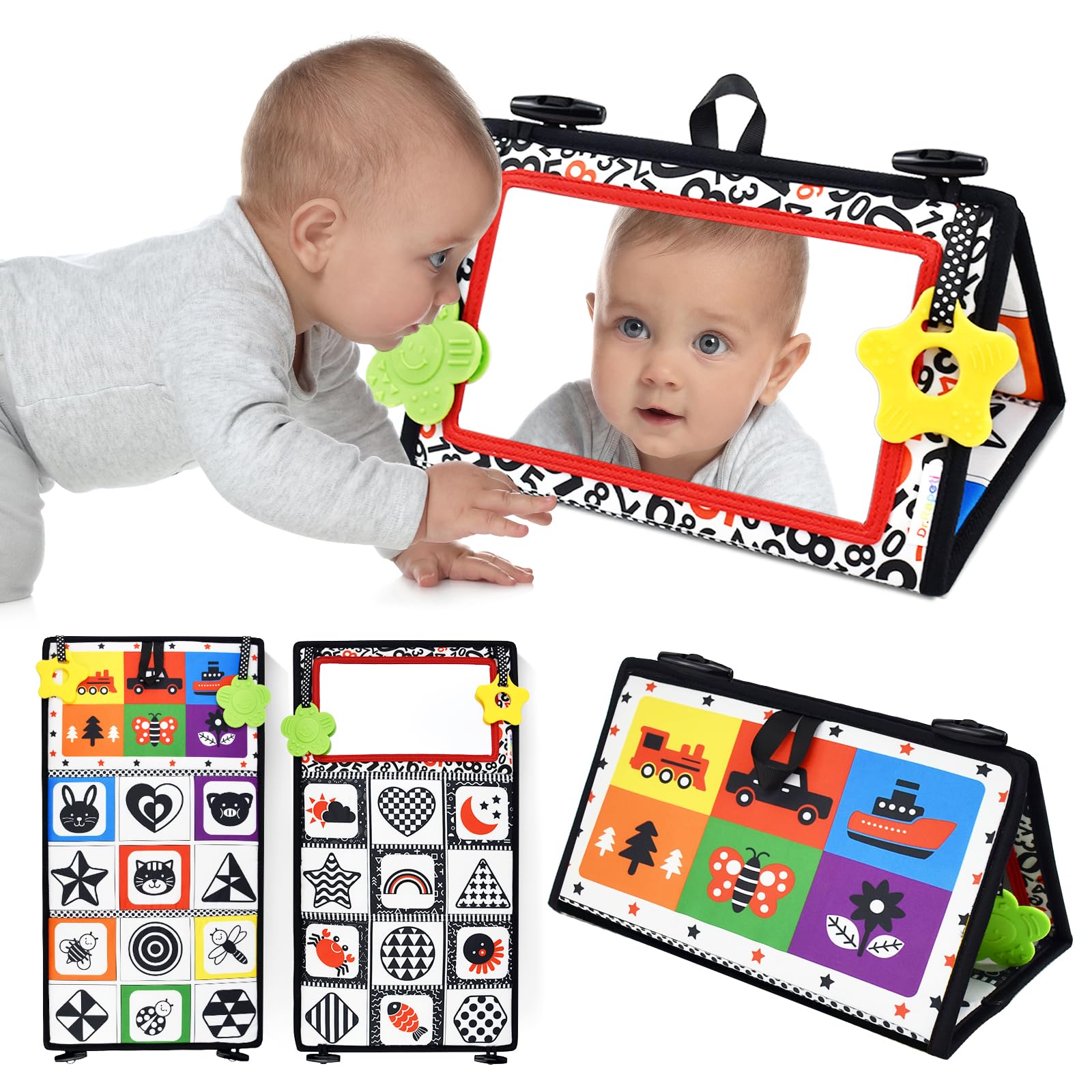 Dr.Rapeti Tummy Time Floor Mirror Toys, Baby Sensory Mirror with Black and White High Contrast, Teethers Floor Activity, Newborn Toys, Washable, Non-Toxic