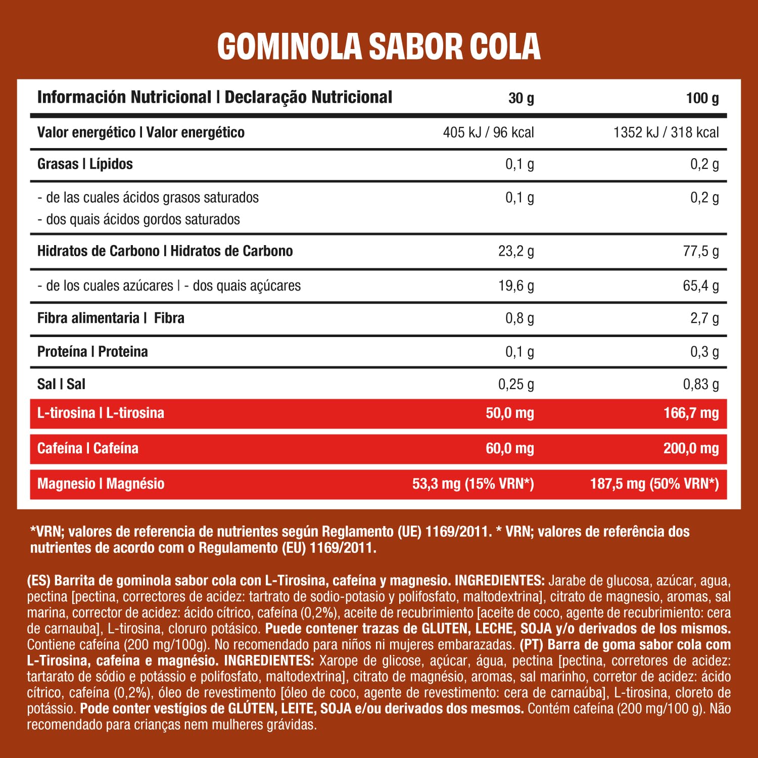 JustLoading Barrita Gominola Pádel sabor cola – Con cafeína, tirosina y magnesio – Energía y concentración inmediata – Reduce la fatiga y mejora los reflejos (10 unidades × 25 g)