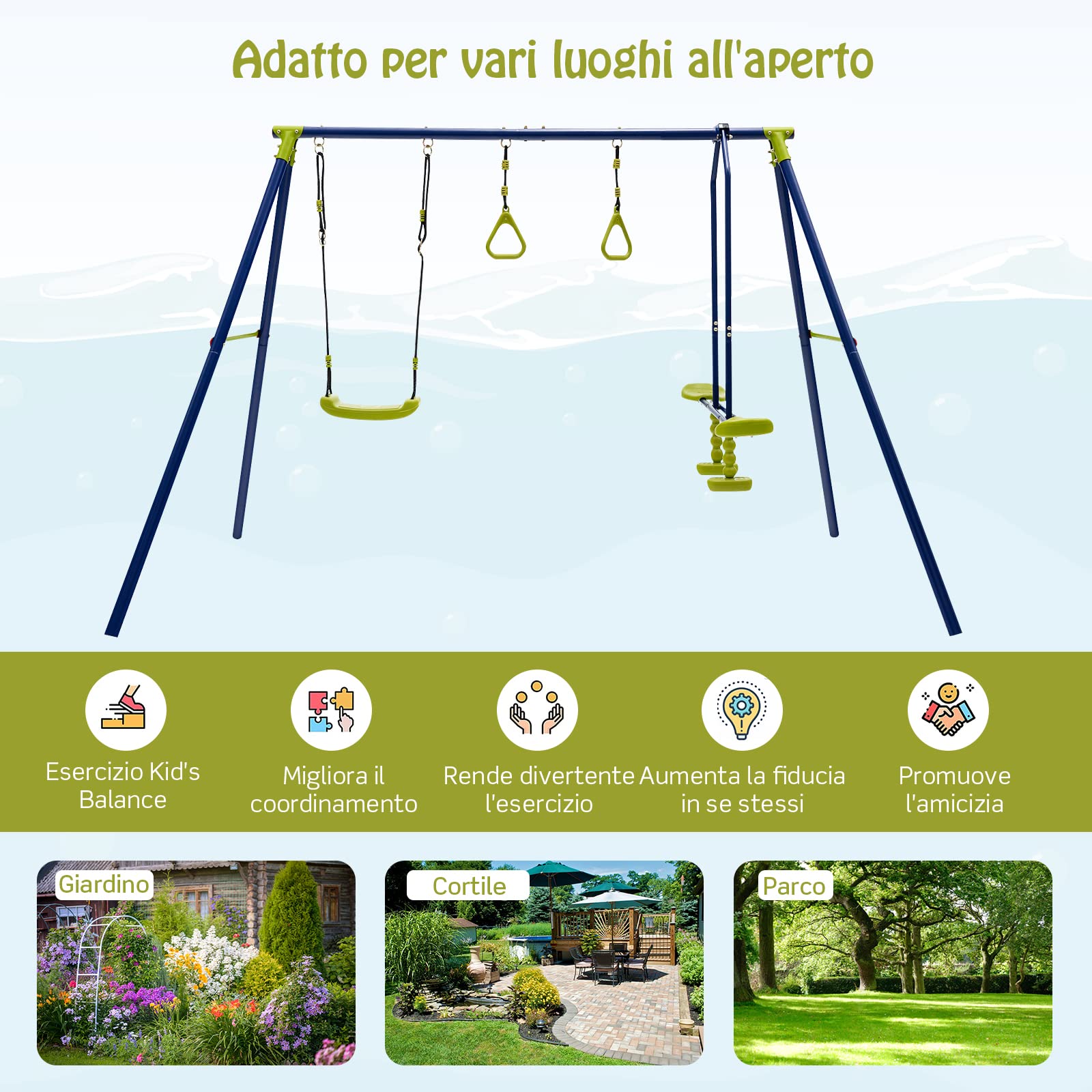COSTWAY Set Altalene da Giardino per Bambini, Altalena 3 in 1 con Supporto in Metallo, Altalena a Doppio, Anelli da Ginnastica, Capacità 150 kg, per Esterno, 3-10 Anni, 278 x 142 x 177cm