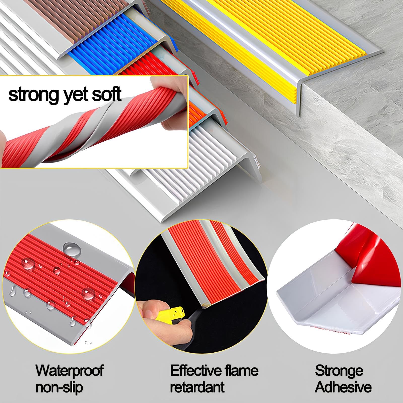 Tiras protectoras de bordes de vinilo autoadhesivas impermeables y antideslizantes en forma de L para bordes de escalones, tratamiento de suelo azul (5 cm x 2,5 cm x 15 m)
