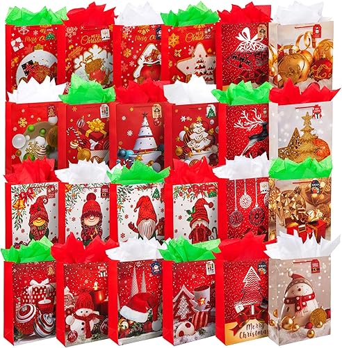 Bolsas de regalo de Navidad de varios tamaños con asa, bolsas de regalo de Navidad con papel de seda de Navidad de colores y etiquetas de regalo