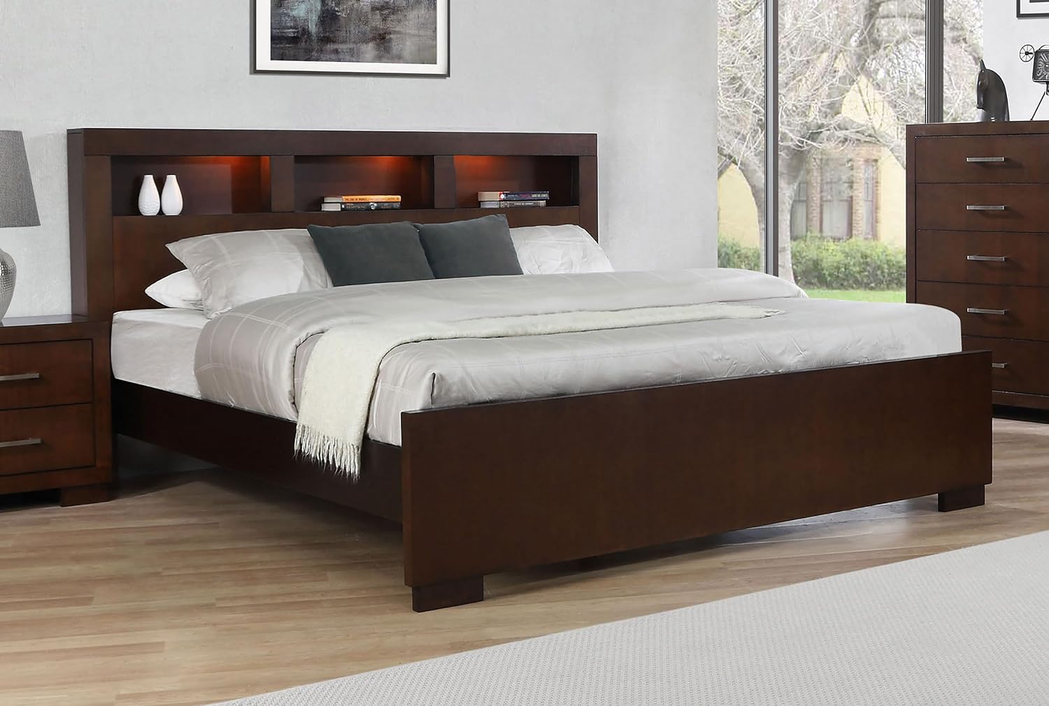 Coaster Home Furnishings - Jessica - Wood - California King Platform Bed with LED Storage Headboard, 3 Cubby Squares, and Low Footboard - Bedroom - Cappuccino - 200719KW