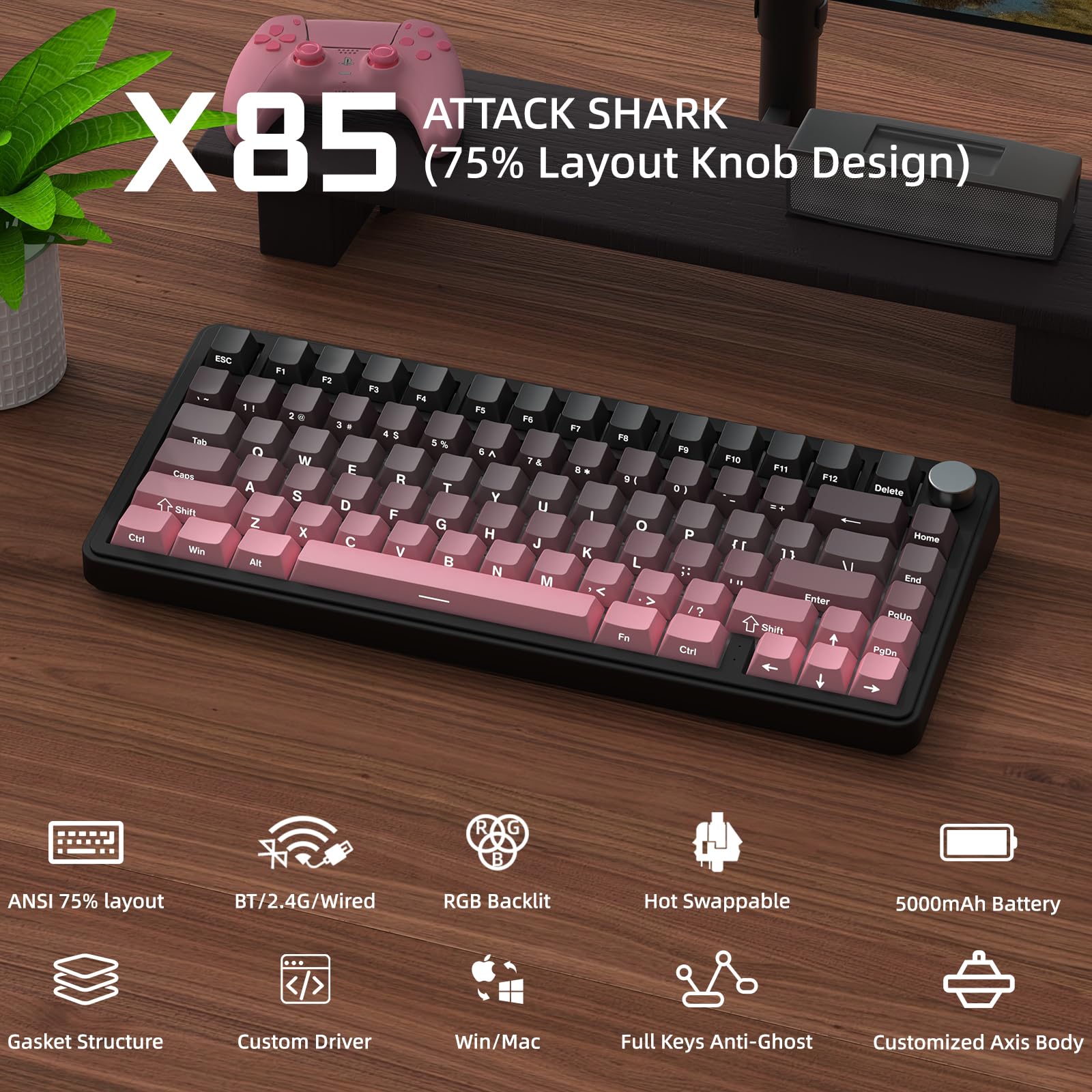 ATTACK SHARK X85 Teclado mecánico de Junta con Perilla, 75% (BT5.0/2.4G/USB-C) Teclado inalámbrico para Juegos y Acolchado de Cinco Capas, RGB, 5000 mAh, Teclas PBT con impresión Lateral (Rosa)