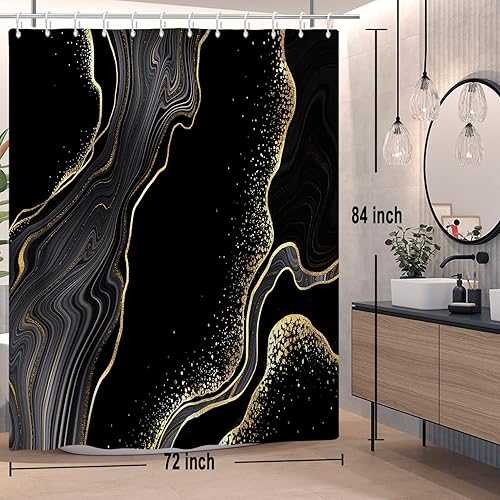 Miniatura 4 de Baocicco Cortina de ducha de mármol negro y dorado, cortinas de ducha abstractas de lujo modernas para bañeras, cortina de ducha de tela impermeable