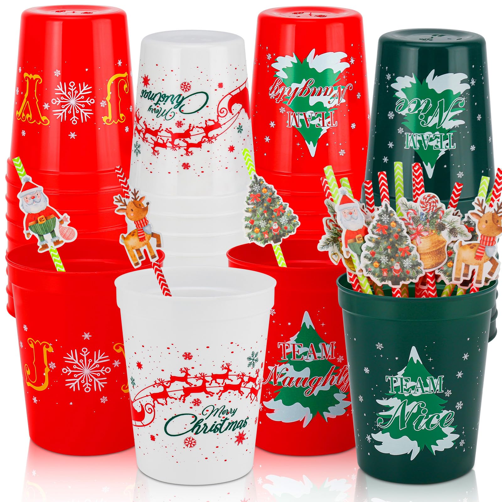 Ainibar 24 Pack Christmas Party Cups - 16oz Red, Green & White Stadium Cups with 24 Paper Straws, Festive Designs for Holiday Celebrations