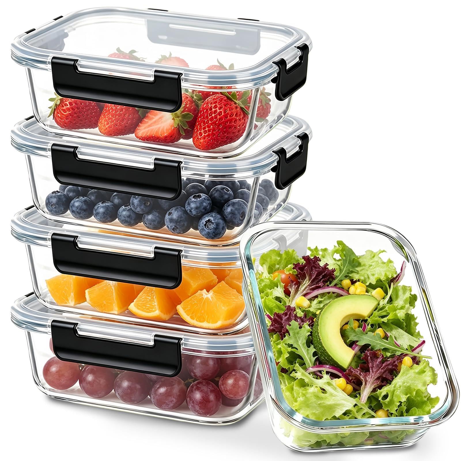 NBBENG Glass Food Storage Containers with Lids Set 5, Airtight Glass Meal Prep Containers Reusable With Locking Lid, Leakproof Lunch Box Microwave Oven Freezer & Dishwasher Safe (Black)