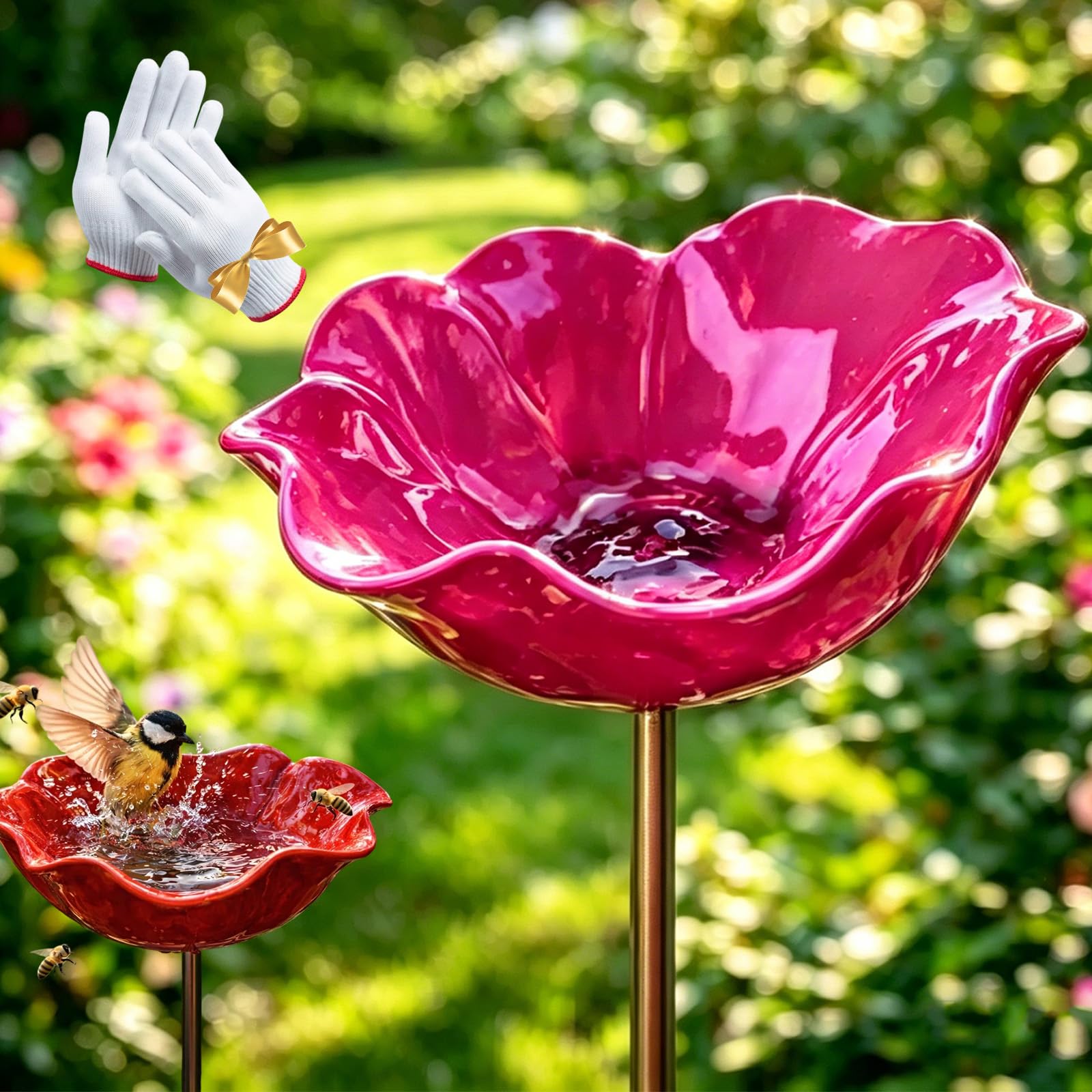 2026 New Handmade Metal Flower Garden Stake, Metal Flowers For Garden, sMetal Flower sGarden Stake Bird Feeder, Flower Bird Bath Ground Plug Design, Yard Decor (2 Pink)