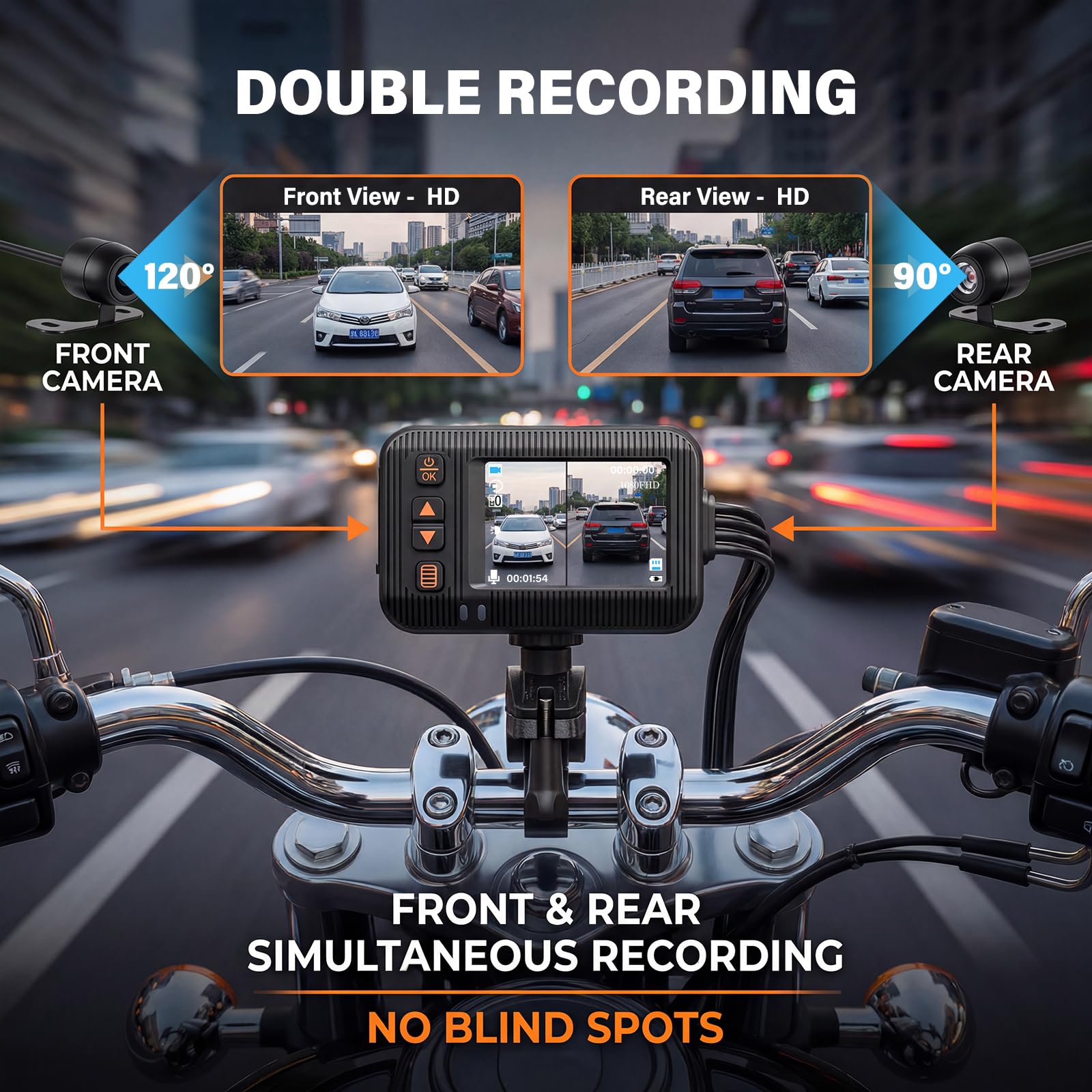 CAMECHO Motorrad Dashcam 2 Zoll Bildschirm, Kamera Doppellinse 1080P Vordere 120° und Hintere 720P 90°, IP67 Wasserdicht, Motorradkamera mit HDR, G-Sensor, Loop-Aufzeichnung