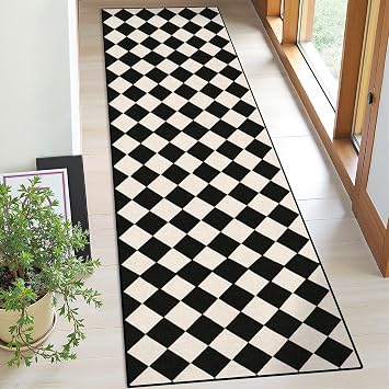 Runner Rug Washable 2x6 Tartan Seamless Harlequin Ornament Black White Color Checkered Texture Non-Slip Hallway Area Rug Indoor Outdoor Home Decor for Entryway Bathroom Kitchen Carpet Yoga Floor Mat