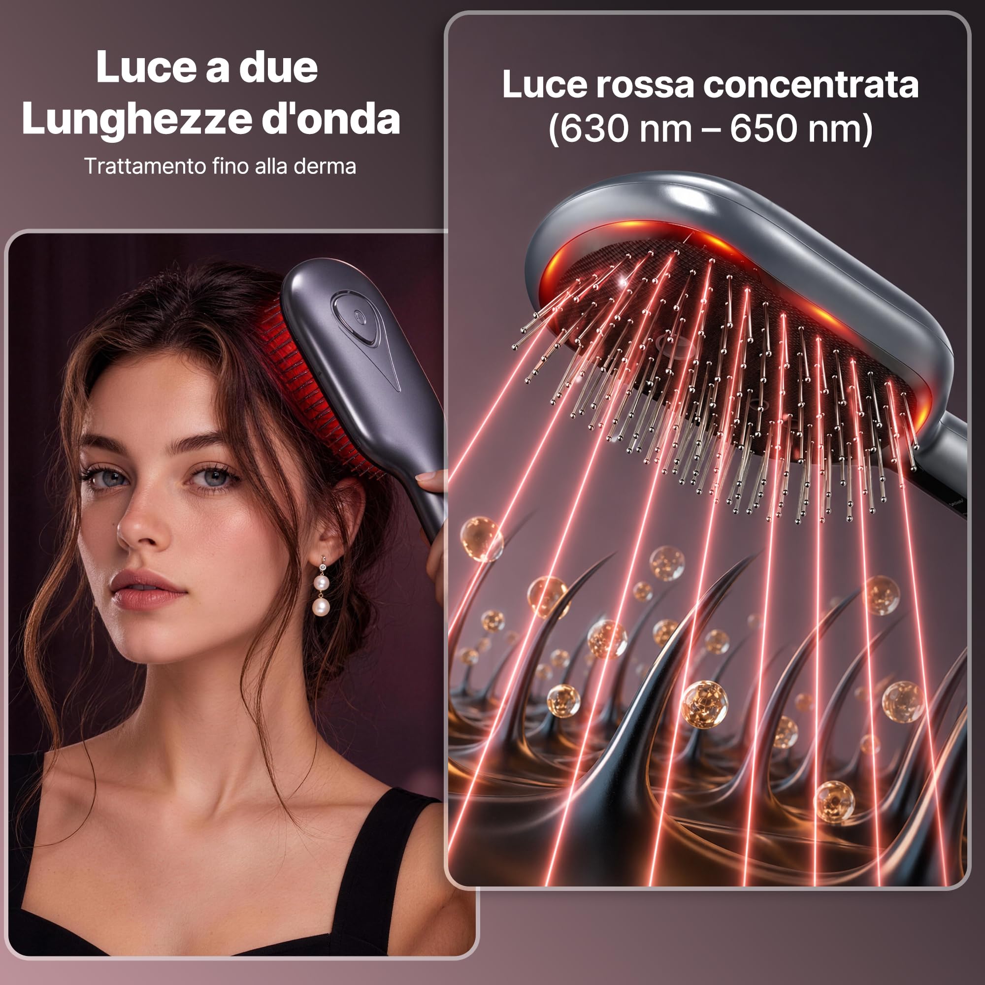 Spazzola a Vapore Capelli | Multifunzionale spazzola lisciante per capelli | 5M ioni Negativi, Massaggio, Luce Rossa 630‑650 nm, Vapore, Setole Antistatiche Cuscinetto Aria, Districante Delicato