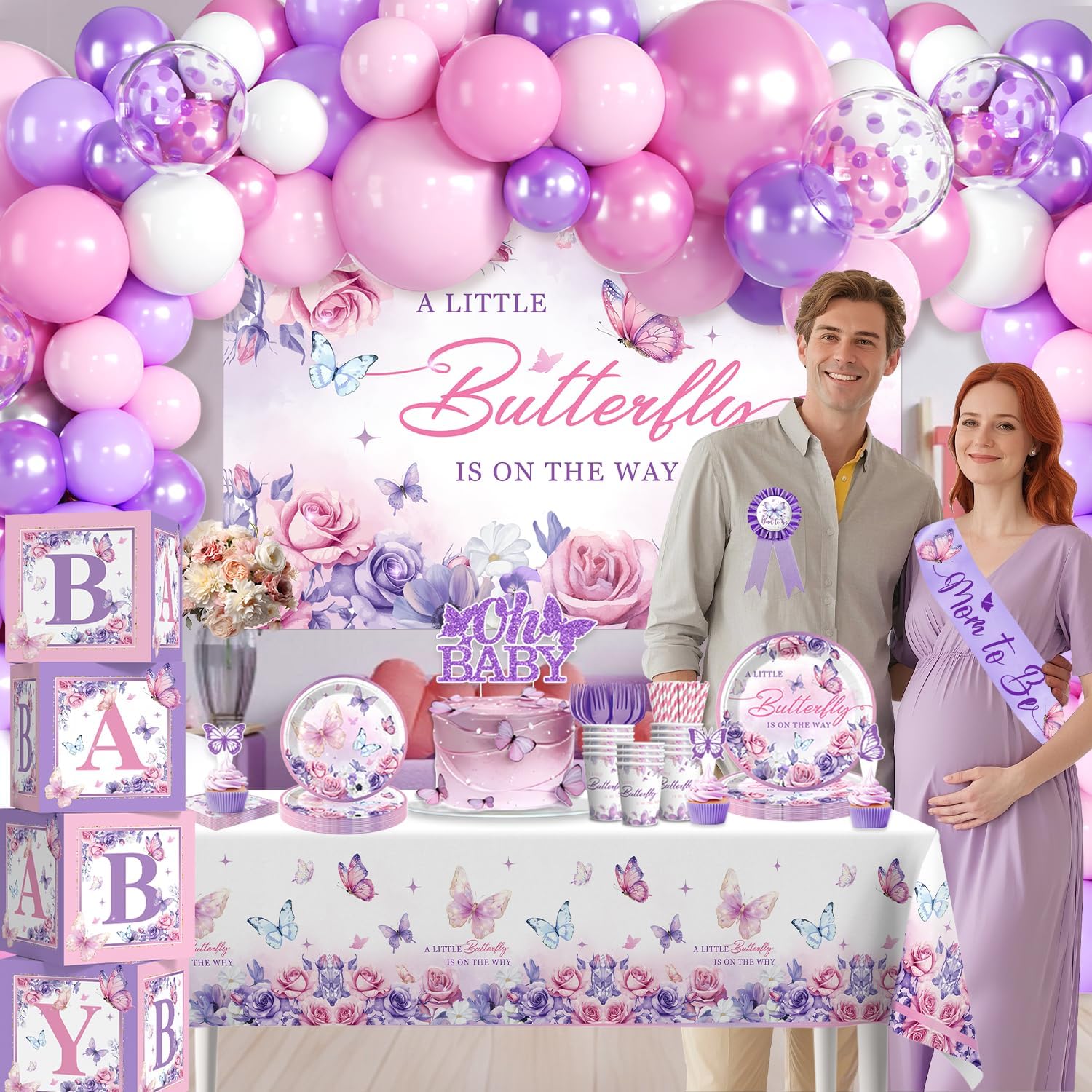 Butterfly Baby Shower Decorations Balloons Plates and Cups and Napkins Sets Purple Pink Sweet Baby Girl Baby Shower Themes A Little Butterfly is on Her Way Decorations for Girl