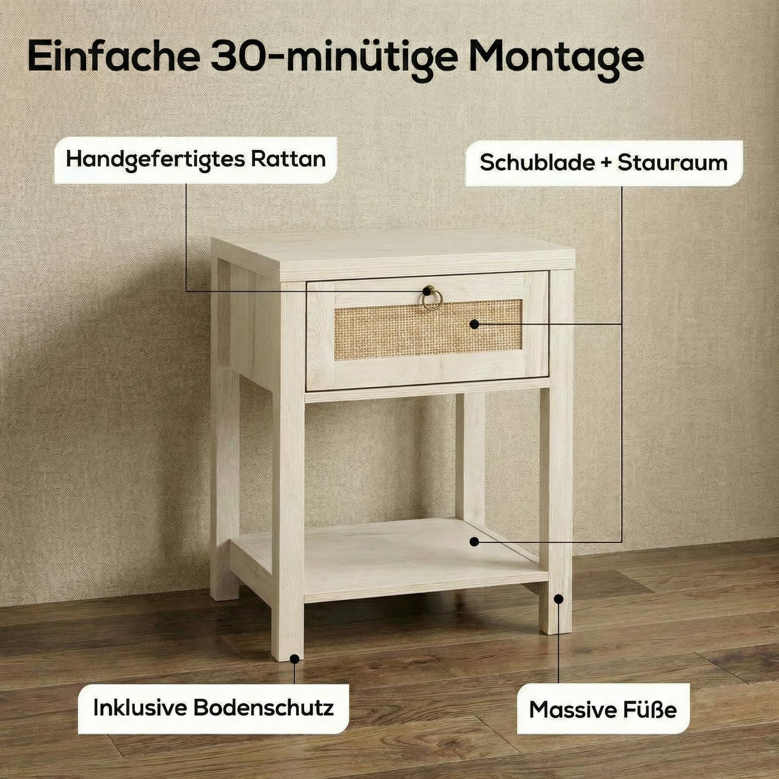 VOWNER Rattan Nachttisch Set 2er, Landhausstil Beistelltisch mit Schublade und Ablage, Böhmischer Sideboard für Schlafzimmer, Wohnzimmer, Flur, Gästebuchregal, 45 x 39 x 59cm (Eiche hell)