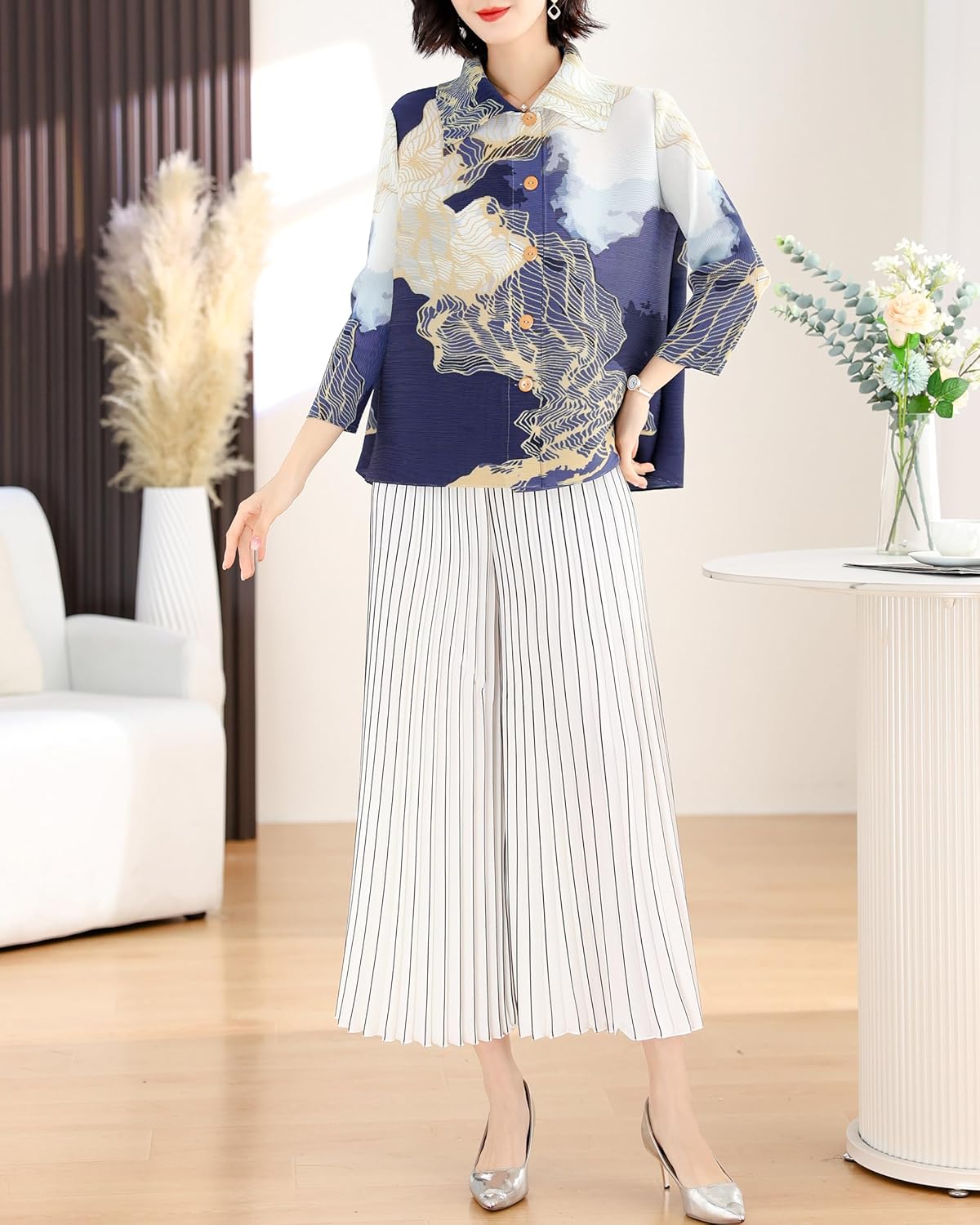 LAI MENG FIVE CATS Women's Casual Collared Neck Print Button Up Loose Blouse Elasticity Tops - Image 5