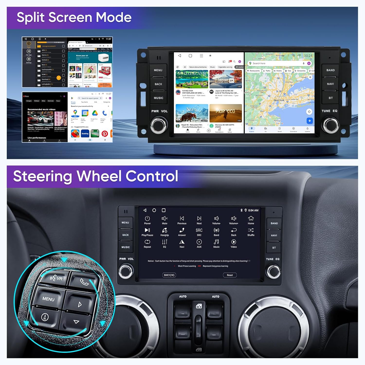 Image showing split screen mode and steering wheel controls for the car stereo