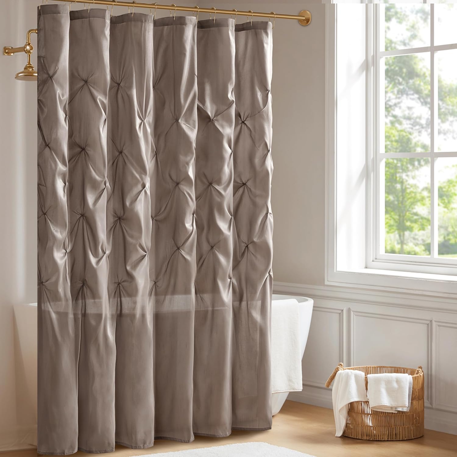 Madison Park Laurel Semi-Sheer White Shower Curtain – Lightweight Faux Silk Fabric, 72x72 in, Light Filtering, Modern Style Bathroom Curtain Textured Tufting Detail Modern Mid-Century Bathroom Decor