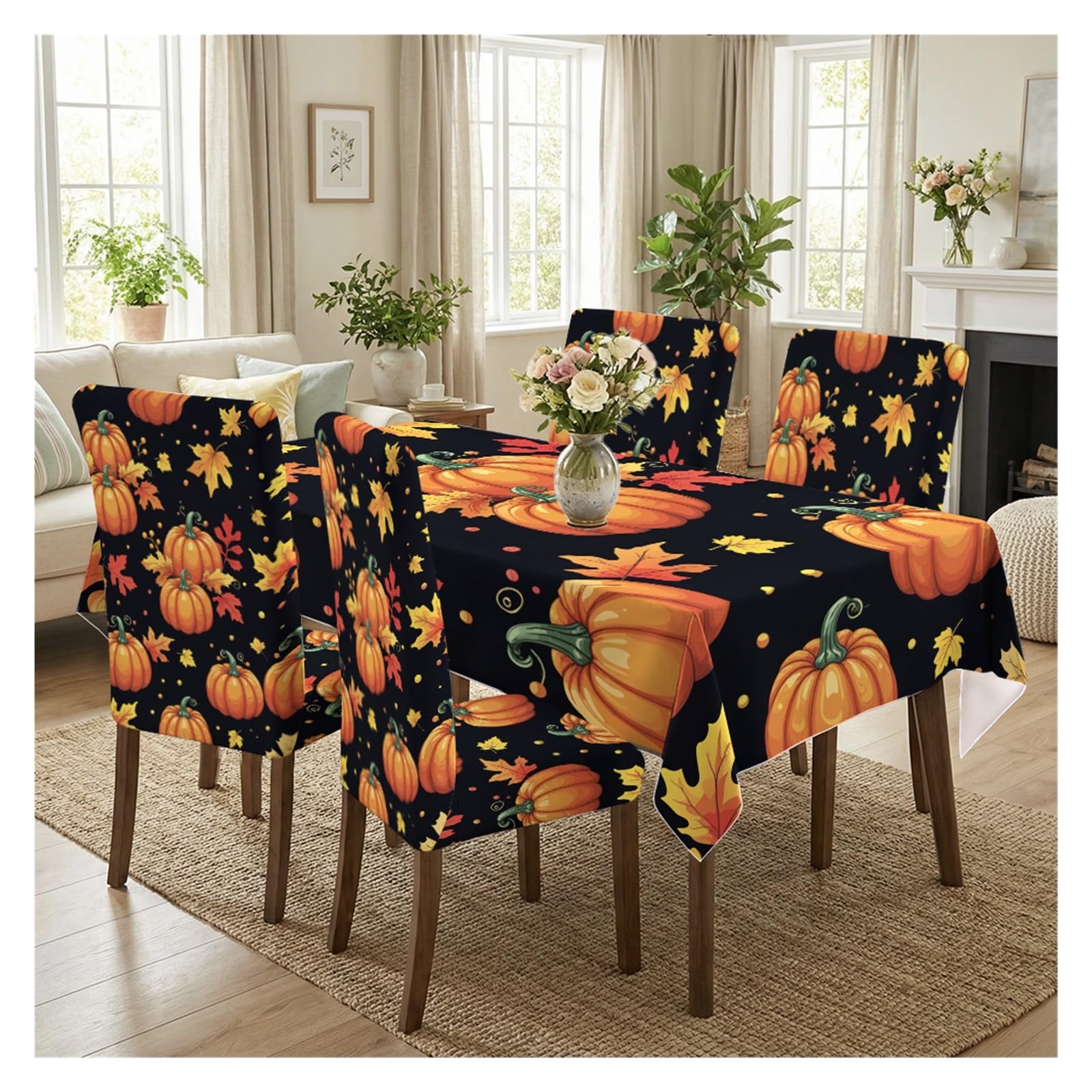 KXUAUV Fall Pumpkin & Maple Leaf Print Stretch Chair Covers & Tablecloth Set, For Kitchen Dining Room Thanksgiving Decor, 5/7 Pack Party Decor(5pcs Set: Tablecloth+Chair Covers)
