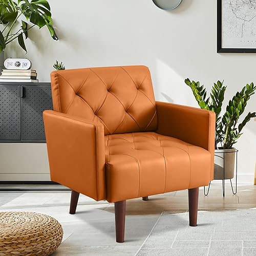 Miniatura 6 de Faux Leather Accent Chair Modern PU Armchair, Retro Tufted Upholstered Arm Chair, Comfy Leather Club Chair Single Sofa for Living Room, Bedroom,