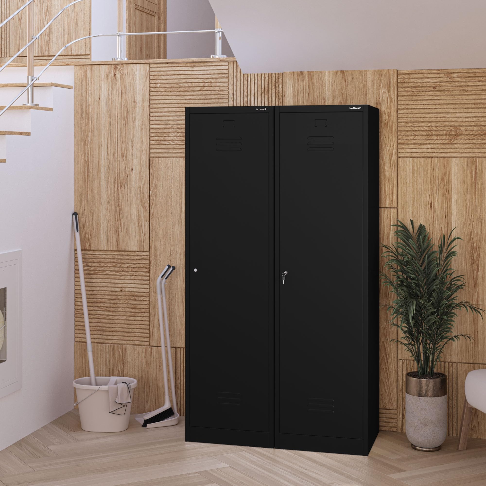 Jan Nowak Armoire de Rangement, Multifonction, Vestiaire Metallique | 185 cm x 50 cm x 50cm | Étagères, Crochets à vêtements | Fentes de Ventilation, Porte-étiquette, Verrouillable, Noir