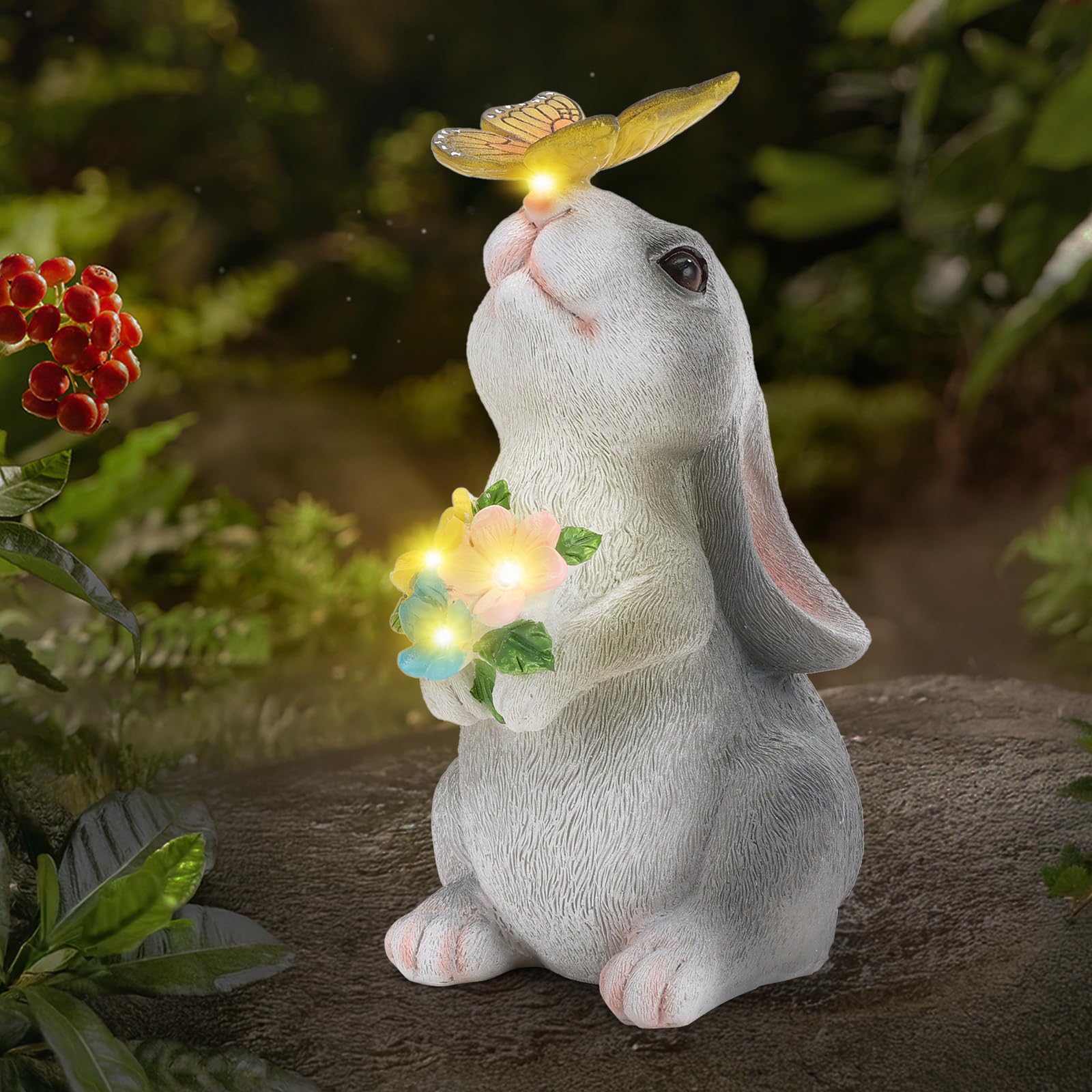 Cuteefun Statue Solaire de Jardin Lapin Ornament Outdoor, Figurine d'animal de Jardin avec Lumière Solaire, Lapin Décoratif pour la Cour, Cadeau de Pendaison de Crémaillère