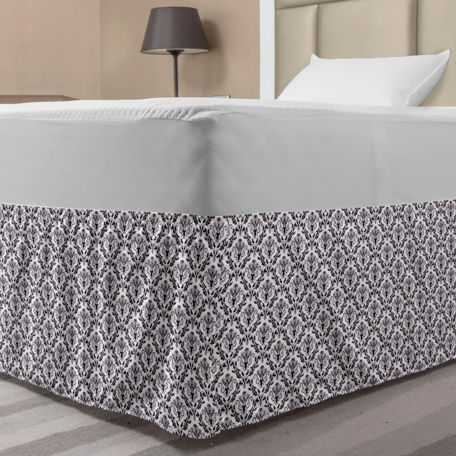 Lunarable Damask Bedskirt Damask Pattern in Historical Baroque Artwork Geometrical Diamond Shapes Bedroom Decor Wrap Around Elastic Bed