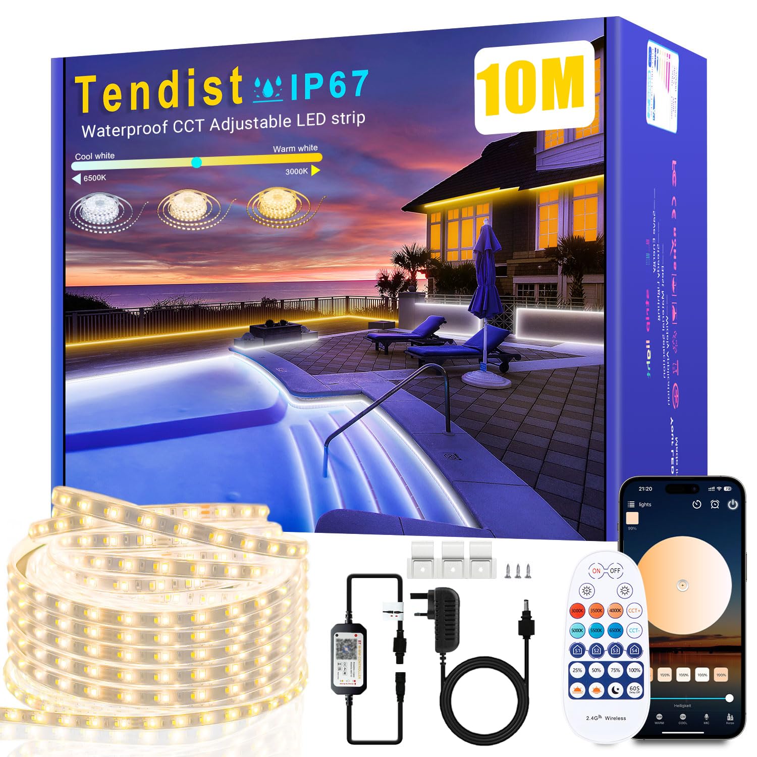 20M Outdoor Led Strip Lights Waterproof Warm White Led Strip, IP67 Dimmable White Rope Lights with APP & Remote, 24V 3000K to 6500K Self Adhesive Smart Light for Outdoor Garden, Balcony, Patio