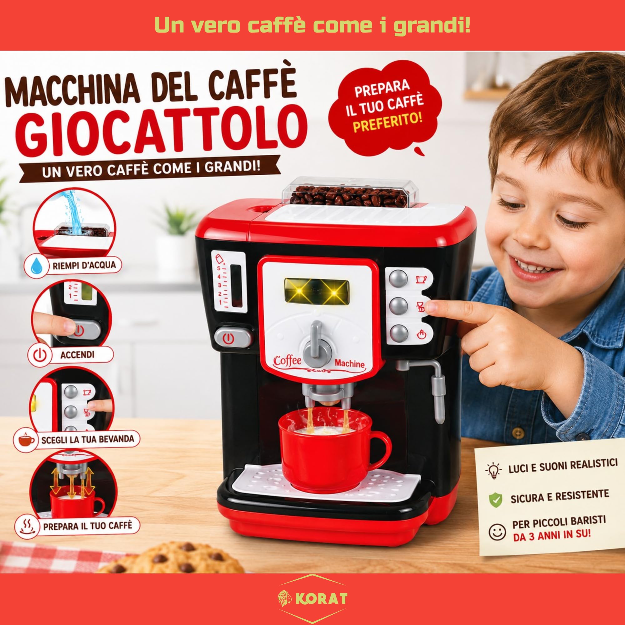KORAT Macchina Caffè Giocattolo Bambini con Luci e Suoni, Effetto Vapore, Pulsanti Interattivi, Gioco Educativo di Ruolo in Plastica Sicura e Resistente, Dimensioni 19x11x24 cm 3+ Anni