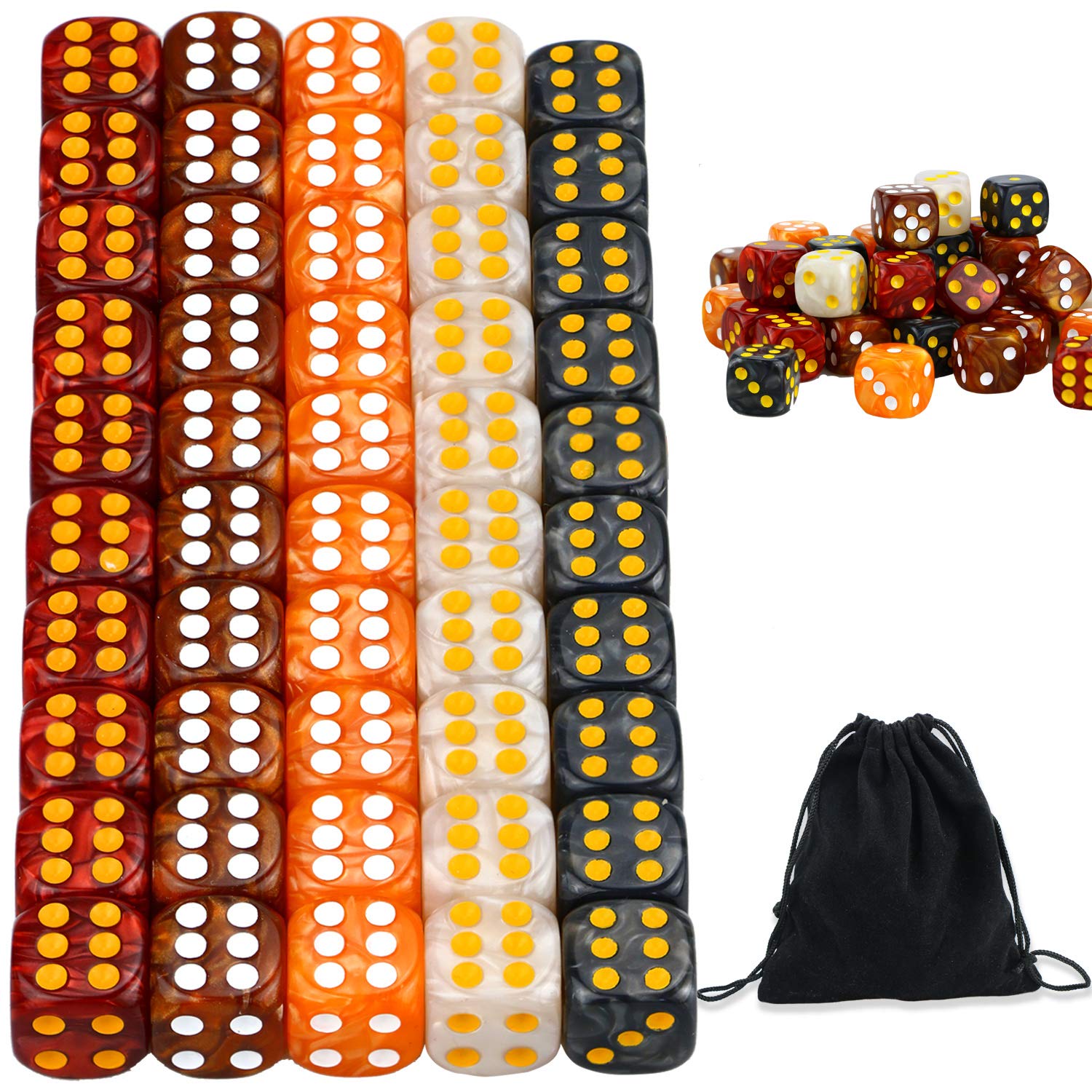 YOUSHARES 50 Pcs Jeu de Dés Multicolores - Assortiment de 10 dés, D6 Standard de 16 mm avec Sac Gratuite de Transport, Parfaits pour Les Jeux de Société, Jeux Tenzi, Yahtzee et